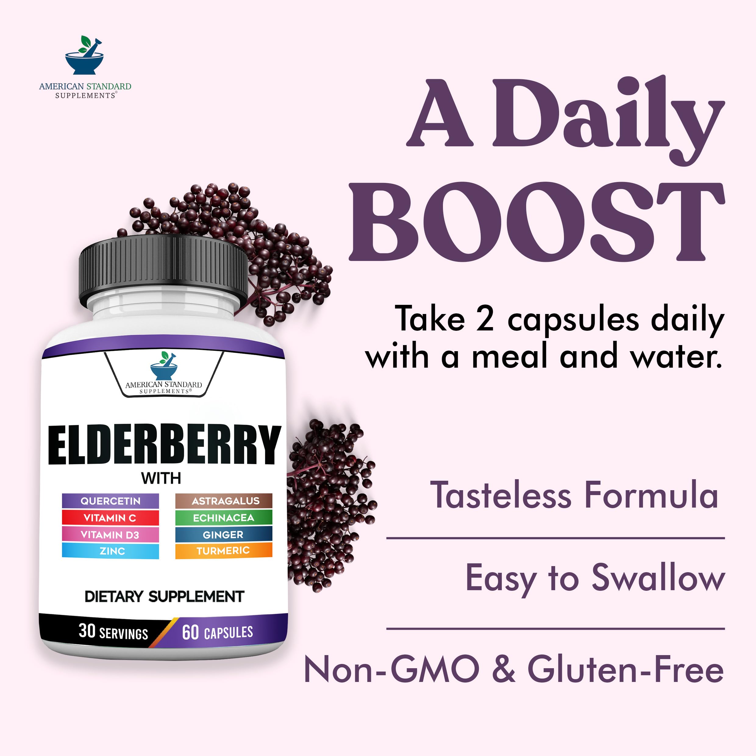 American Standard Supplements Elderberry Extract with Quercetin, Vitamin C, D3, Ginger, Zinc, Turmeric, Astragalus and Echinacea – 60 Capsules, 30 Servings — Amazon image 4