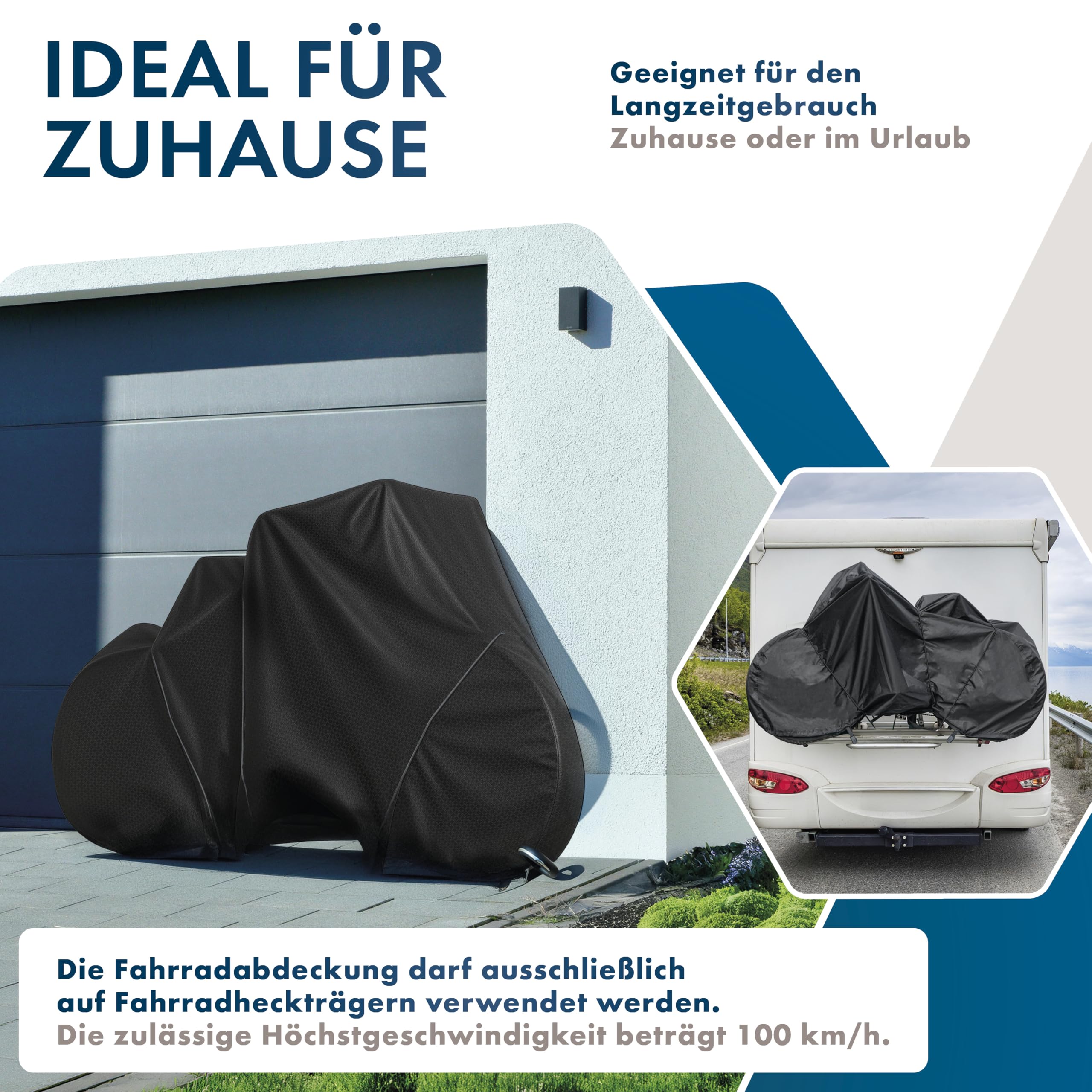 WALSER Fahrradabdeckung für 2 Fahrräder, 100% wasserdichte Fahrradschutzhülle für Fahrradträger - optimal für Wohnmobil/Bus, Fahrradgarage inkl. Spanngummi + Aufbewahrungstasche 210x80x115cm schwarz
