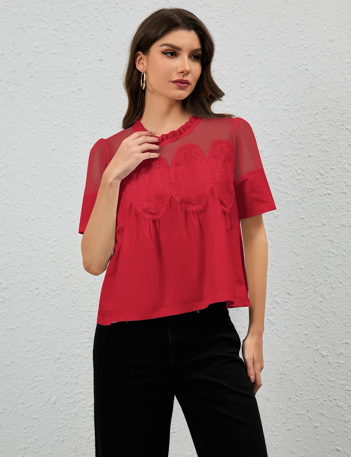 Women Lace Trim Blouse Mesh See Through Puff Short Sleeve Ruffle Pleated Shirts Mock Neck Summer Babydoll Tops - Image 4