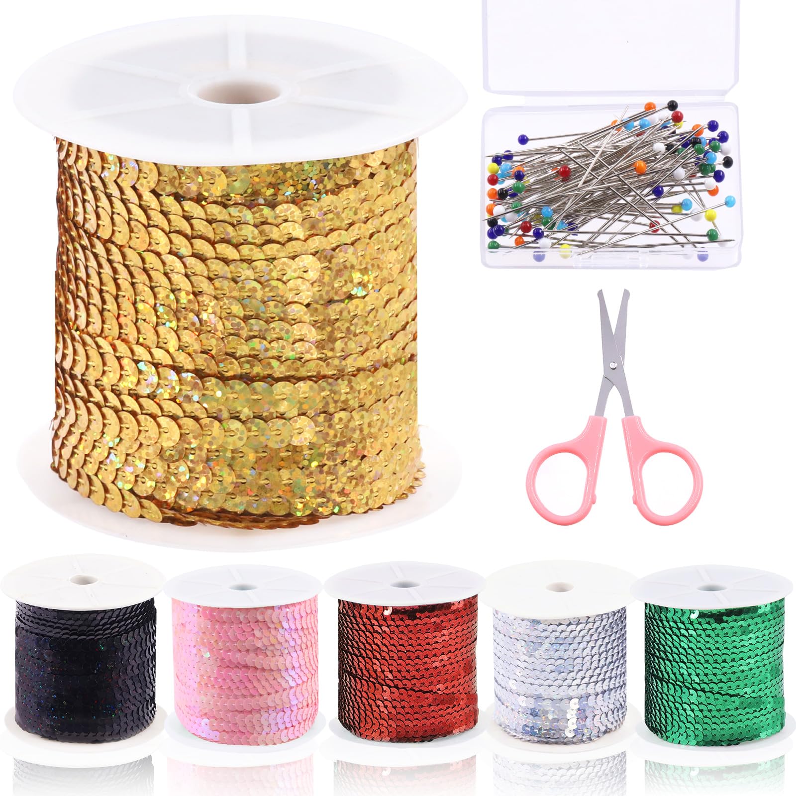 Mardatt 102Pcs 100 Yards 6mm Flat Sequin Strip with Push Pins and Scissors, Sequin String Trim Metallic Shiny Trim Line Stretch Sequin String Ribbon Roll for Crafts Costume Sewing(Laser Gold)