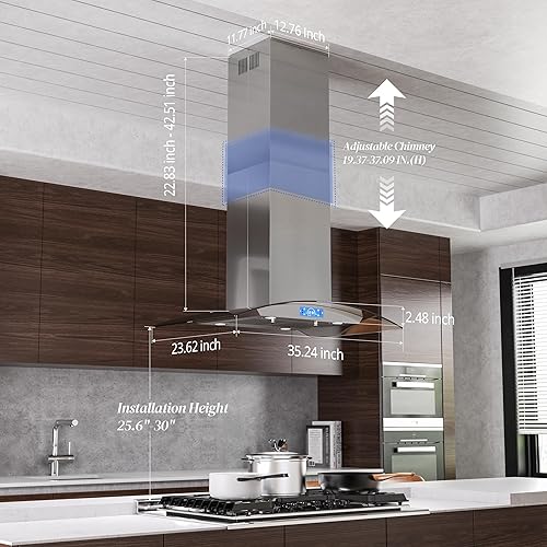 Miniatura 5 de FIREGAS Island Range Hood 36 inch 700 CFM, Island Mount Kitchen Vent Hood with Tempered Glass, 4 LED Lights, 3 Speed Fan,Touch Control,Permanent