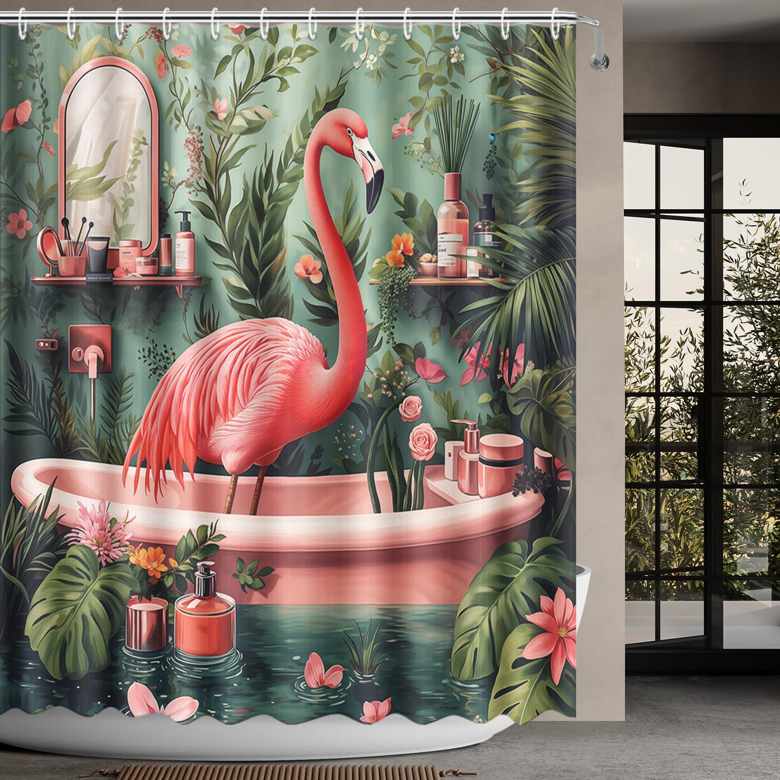 MEHOFOND Rideau de douche motif flamant rose, motif feuilles de palmier tropicales pour salle de bain pour fille et femme, motif flamant rose, feuille verte, décoration de baignoire, rideau de bain