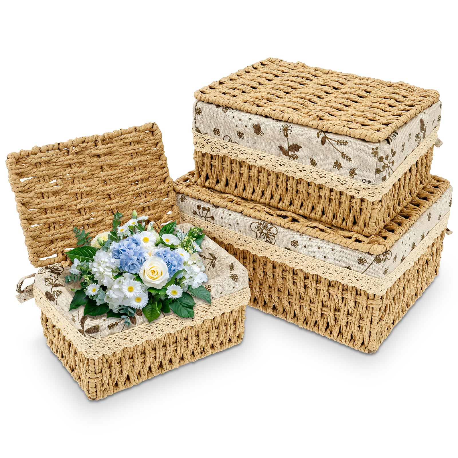 3Pcs Woven Storage Baskets with Lids, Decorative Storage Boxes, Space-Saving Wicker Basket for Shelves, Paper Rope Basket Bedroom Decorative, Reusable Hamper Baskets with Removable Lining(3PCS)