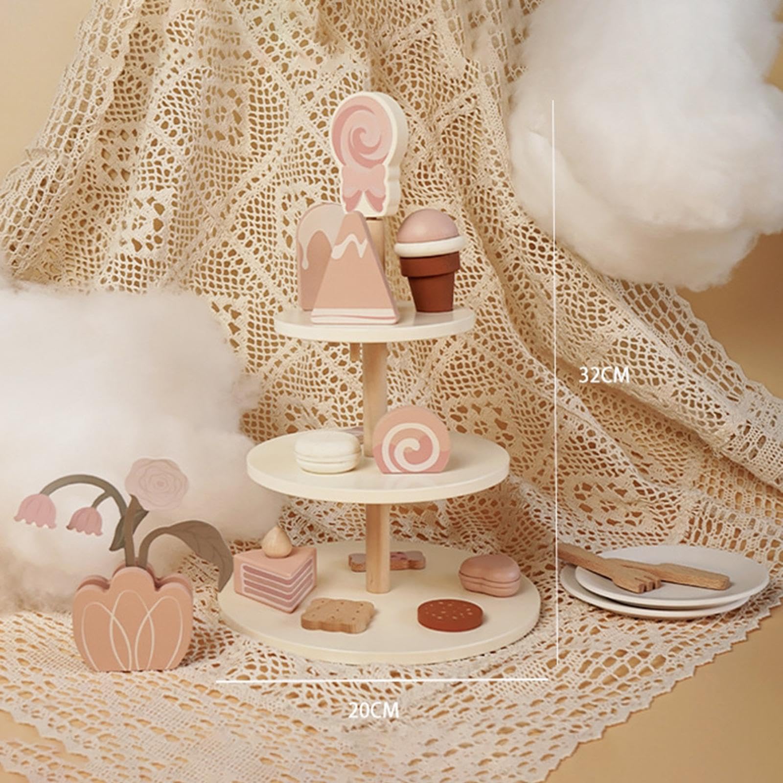 Set da tè per Bambine Cucina Giocattolo Accessori Legno Simulato Pasticceria Mini Dolci Gioco Fantasia Stimolante Adatto a Regali Decorazione, Set di Gelati Giocattolo