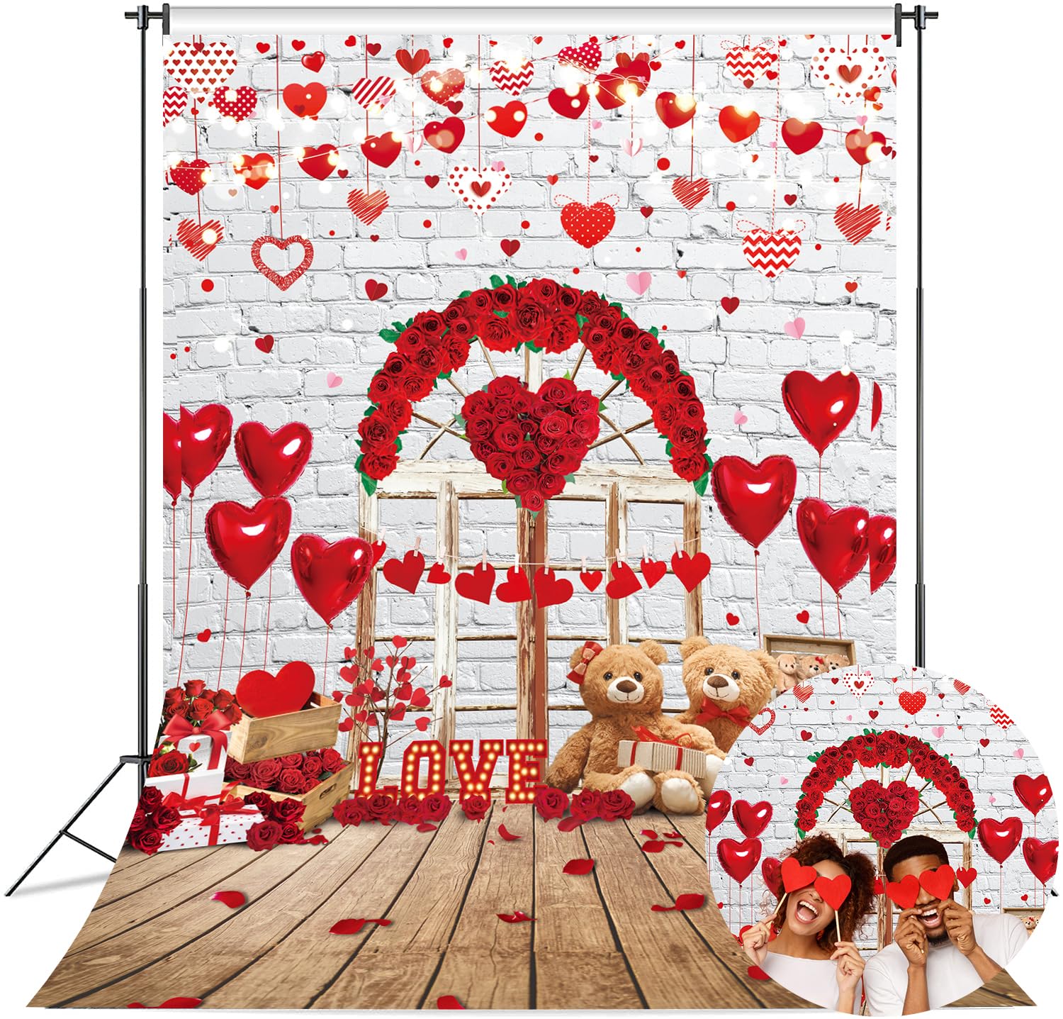 Valentine's Day Backdrop for Photography 5x7FT Red Rose White Brick Wall Wood Door Valentines Background Romantic Valentines Party Decorations Photo Props