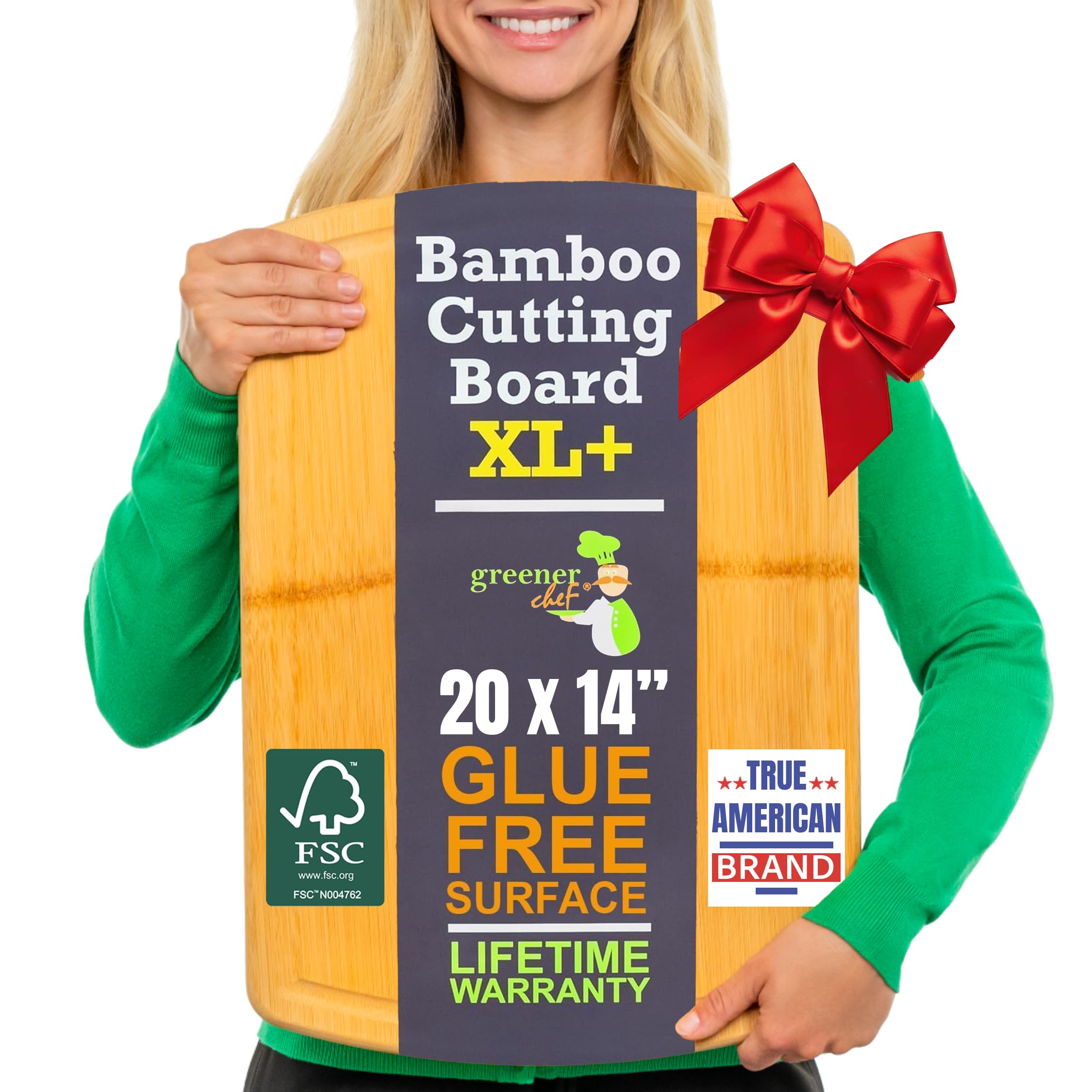 Greener Chef Safest No Glue XL+ Extra Large Bamboo Cutting Board 20 Inch – Lifetime Replacements, Family-Friendly Organic Wood Cutting Boards for Kitchen - Wood Cutting Board and Chopping Board