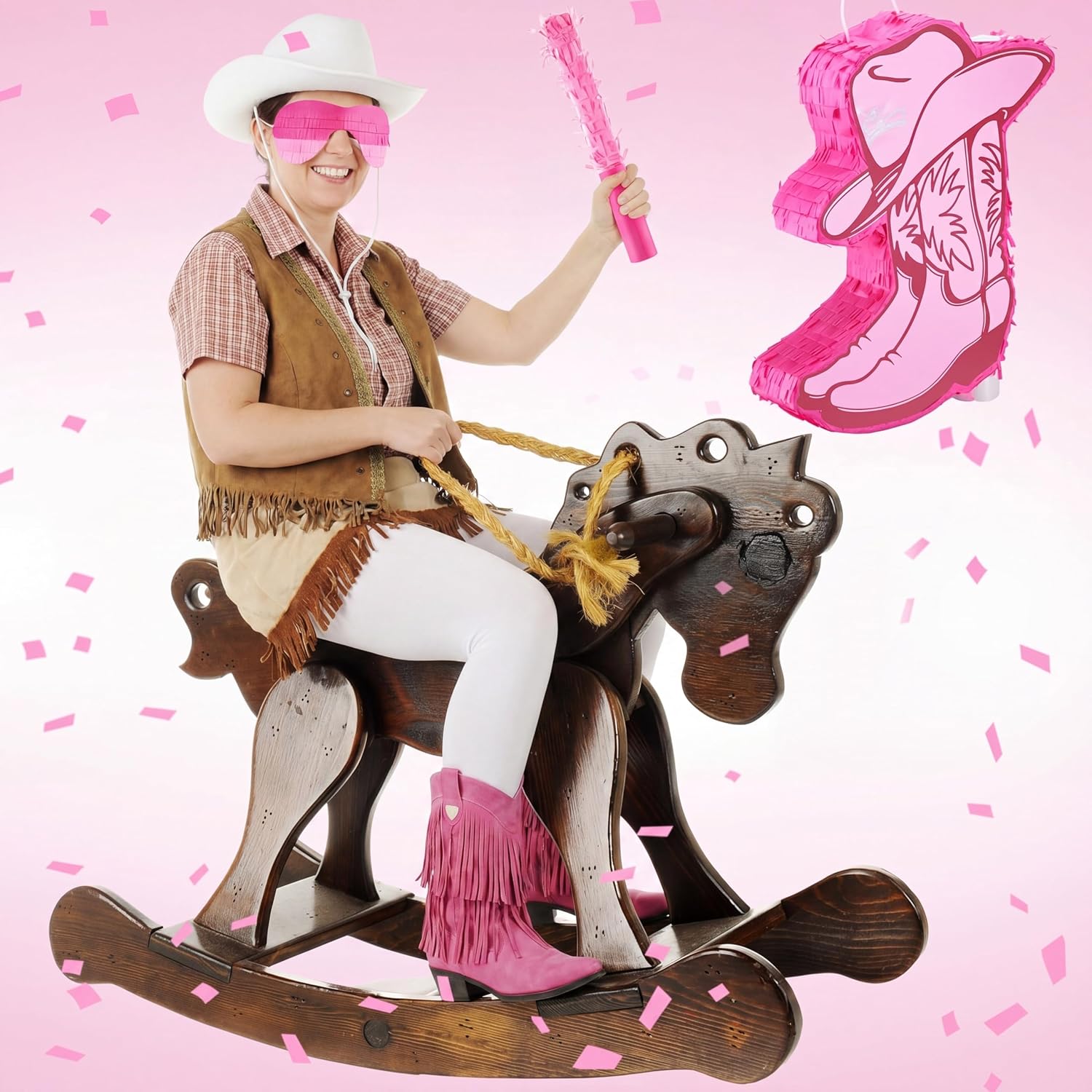 Jexine Cowgirl Boot Piñata Bundle with a Blindfold and Bat Birthday Piñata Piñatas for Western Cowboy Theme Birthday Party Decors Party Favors Photo Prop Candy Holder Party Supplies (Pink Boot)