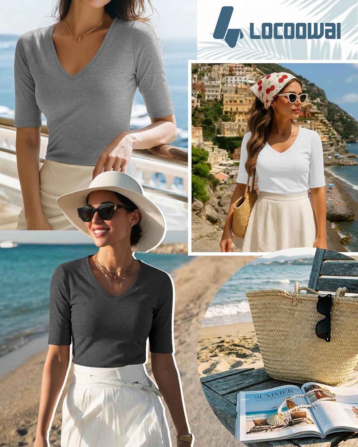 4 Pack Elbow Length Tee Shirts for Women V Neck Half Sleeve T Shirts Slim Fit 1/2 Sleeve Tops Basic Tees - Image 4