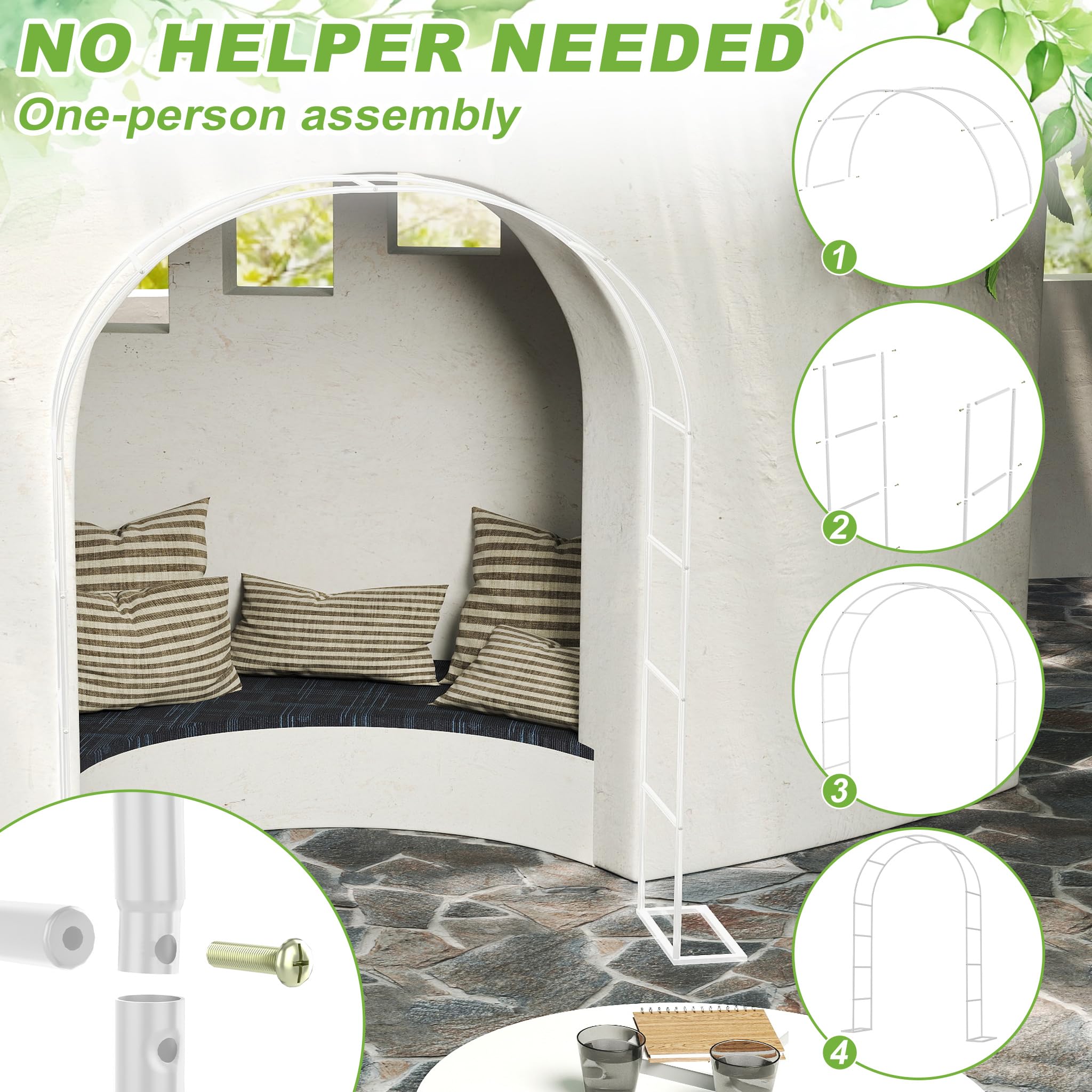 UISEBRT Arco per rose in metallo, 192 x 38 x 240 cm, per piante rampicanti, matrimoni, giardini, terrazze, archi per matrimoni, giardini, archi da giardino, verniciato a polvere, colore bianco