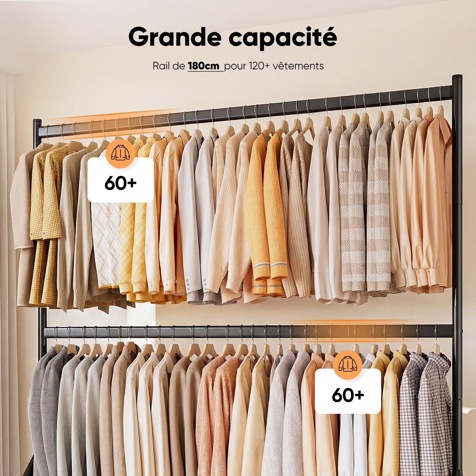 HOKEEPER Porte-vêtements double résistant aux charges lourdes avec grande capacité, organisateur de placard à roulettes pour boutiques, chambre, buanderie, 180 cm