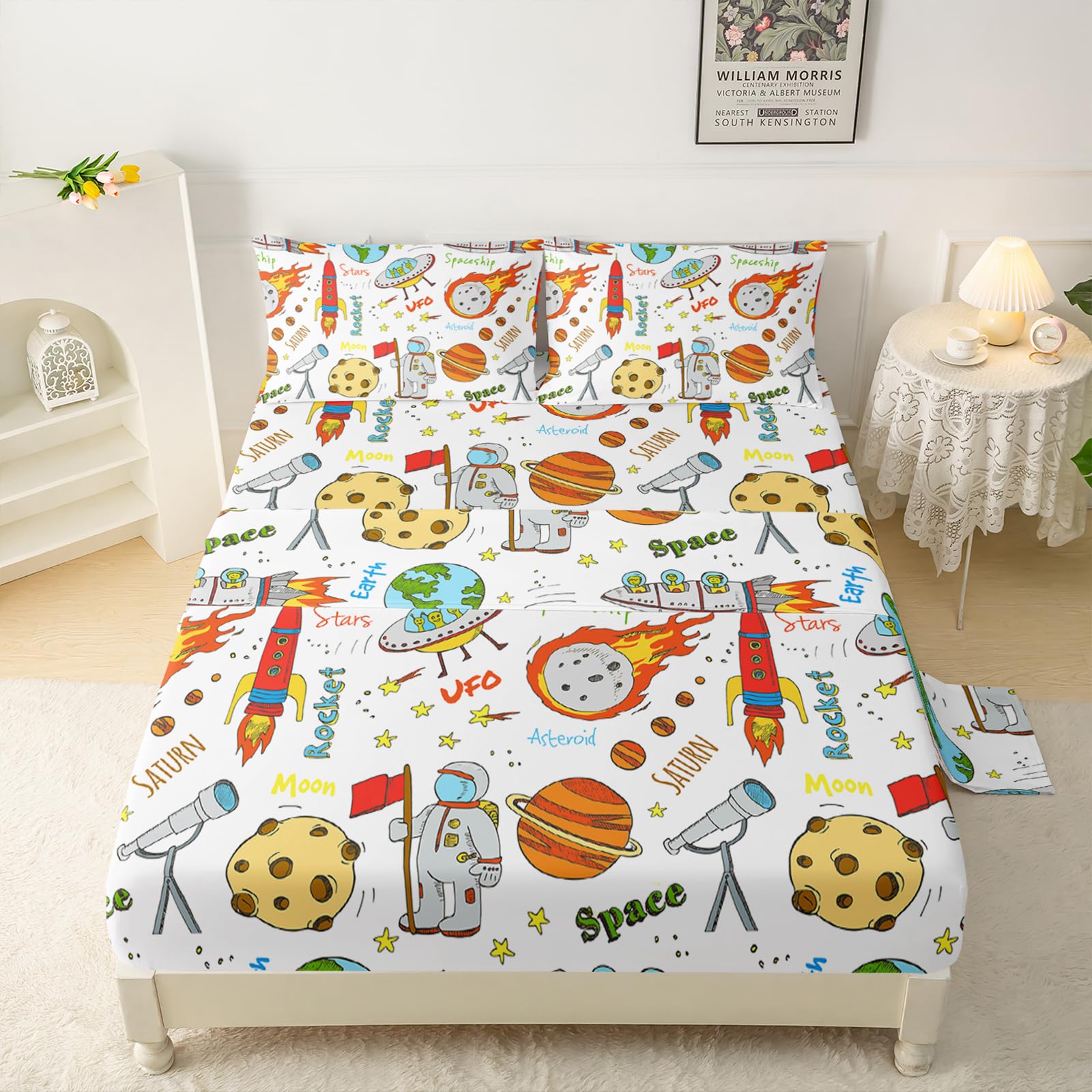 QOOMO Astronaut Kids Sheet Set Queen Size Cartoon Rocket Bed Sheets for Boys 4 Piece Space Printed Microfiber