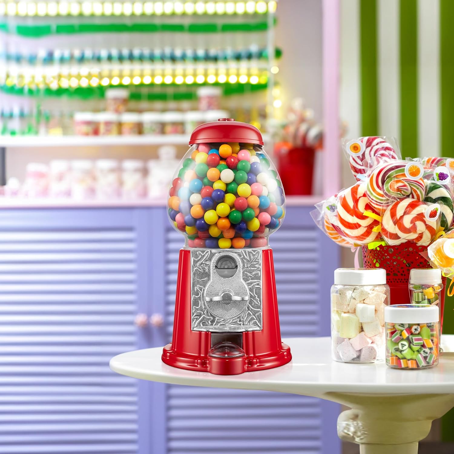 Olde Midway 12" Gumball Machine with Glass Globe and Metal Base - Red, Vintage-Style Bubble Gum Candy Dispenser