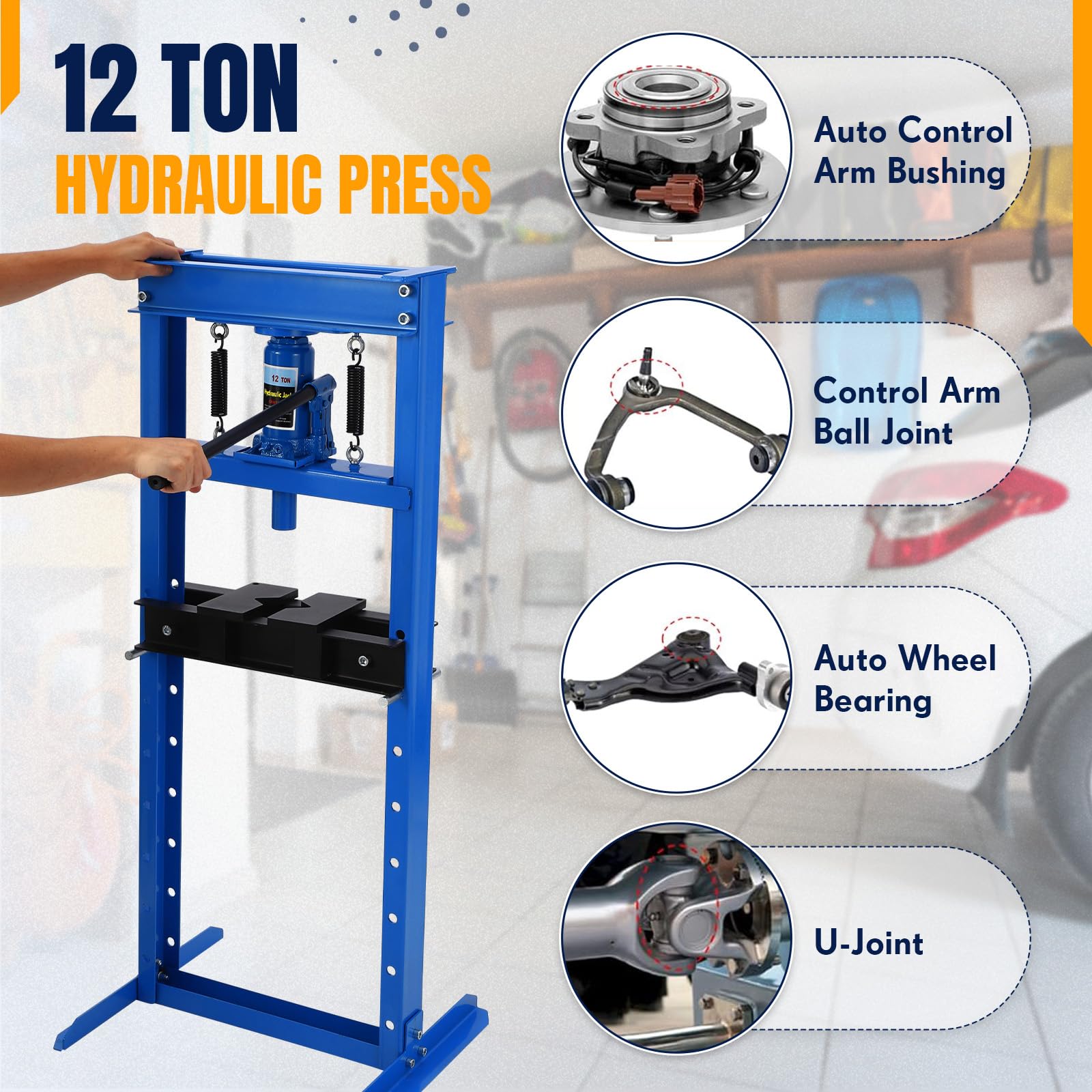 12 Ton Hydraulic H-Frame Press | Garage Shop Press With Adjustable Table & Safety Valve