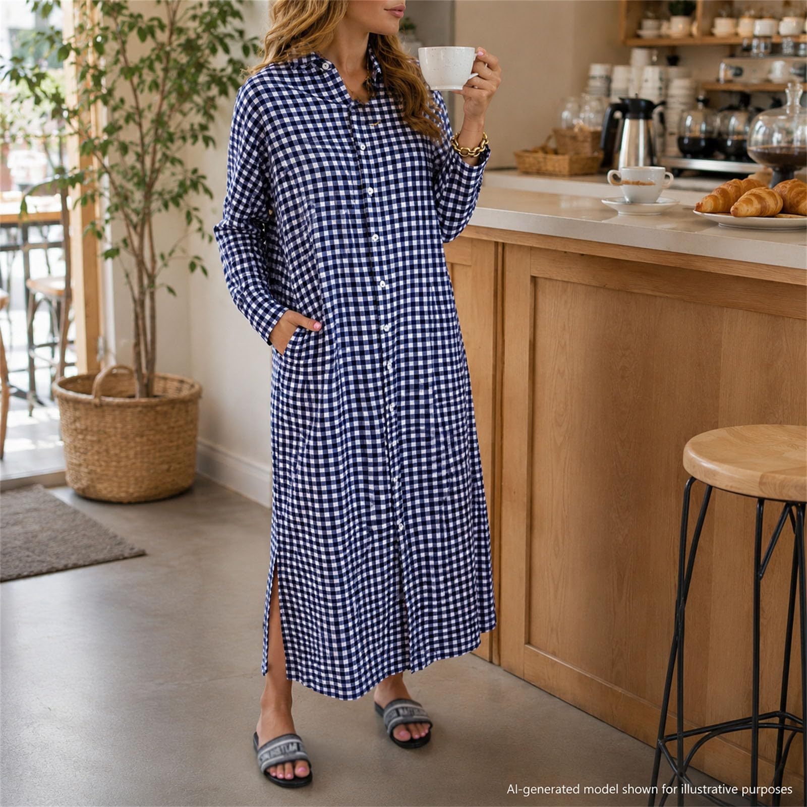 Abito da donna a quadretti, maniche lunghe, con bottoni, taglio ampio | Abito a Camicia Elegante A Quadri Con Bottoni E Taglio Ampio Per Ufficio E Tempo Libero