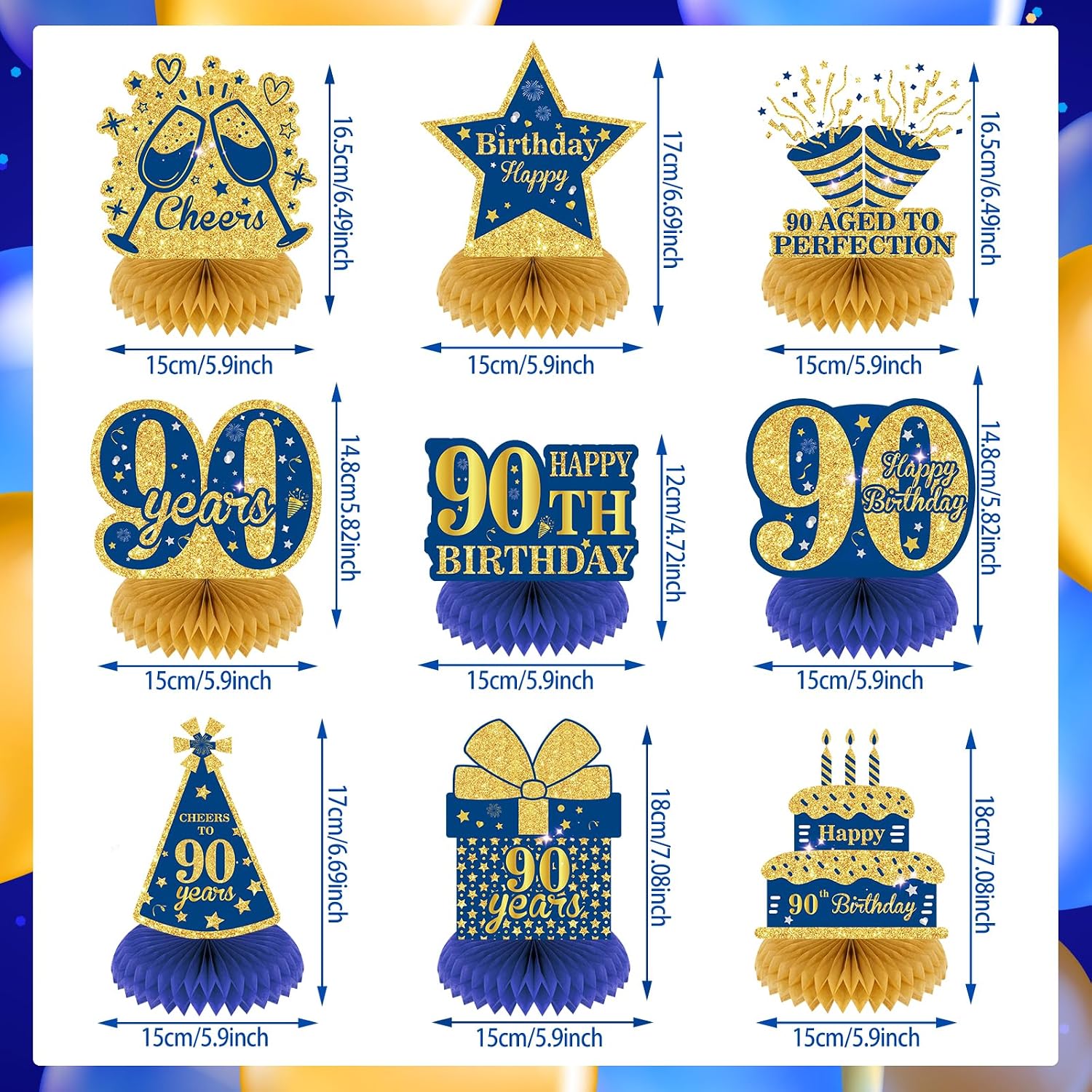 9Pcs Blue 90th Birthday Decorations Navy Blue Gold 90th Honeycomb Centerpieces for Table Decor, Happy 90th Birthday Decorations for Men Women Anniversary Party Favors Supplies Event Cheer to 90 Years