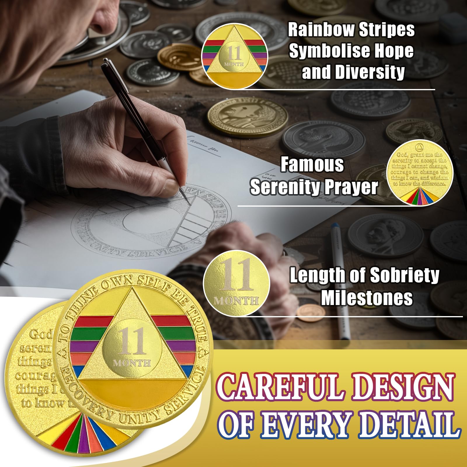 11 Months Sobriety Coin Eleven Month Sober Gold Coin Rainbow Sobriety Chip AA Chips and Medallion Alcoholics Anonymous Coin Recovery Anniversary Token Sobriety Gifts for Women Men - Image 3