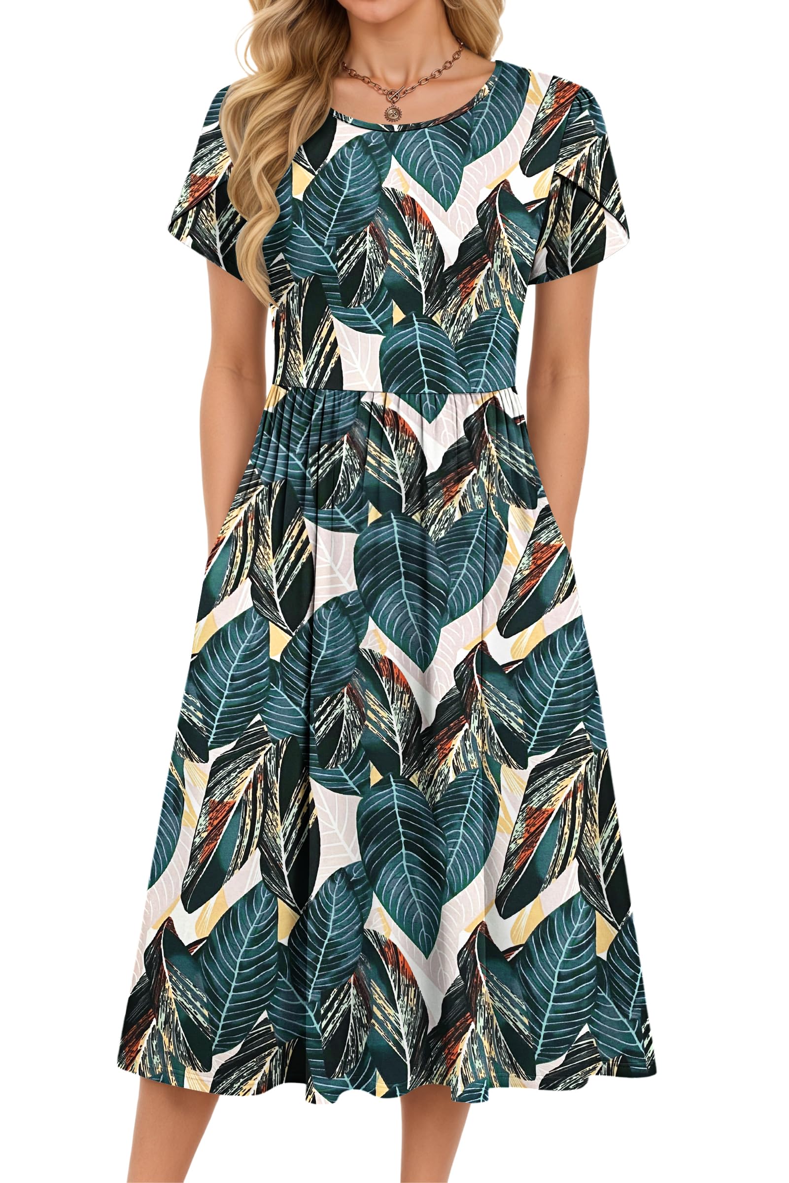 MOLERANI Women Summer Midi Dress - Casual Short Sleeve Boho Beach Dress for Ladies Loose Swing Dresses Casual Midi Sundress with Pockets Leaf Print M