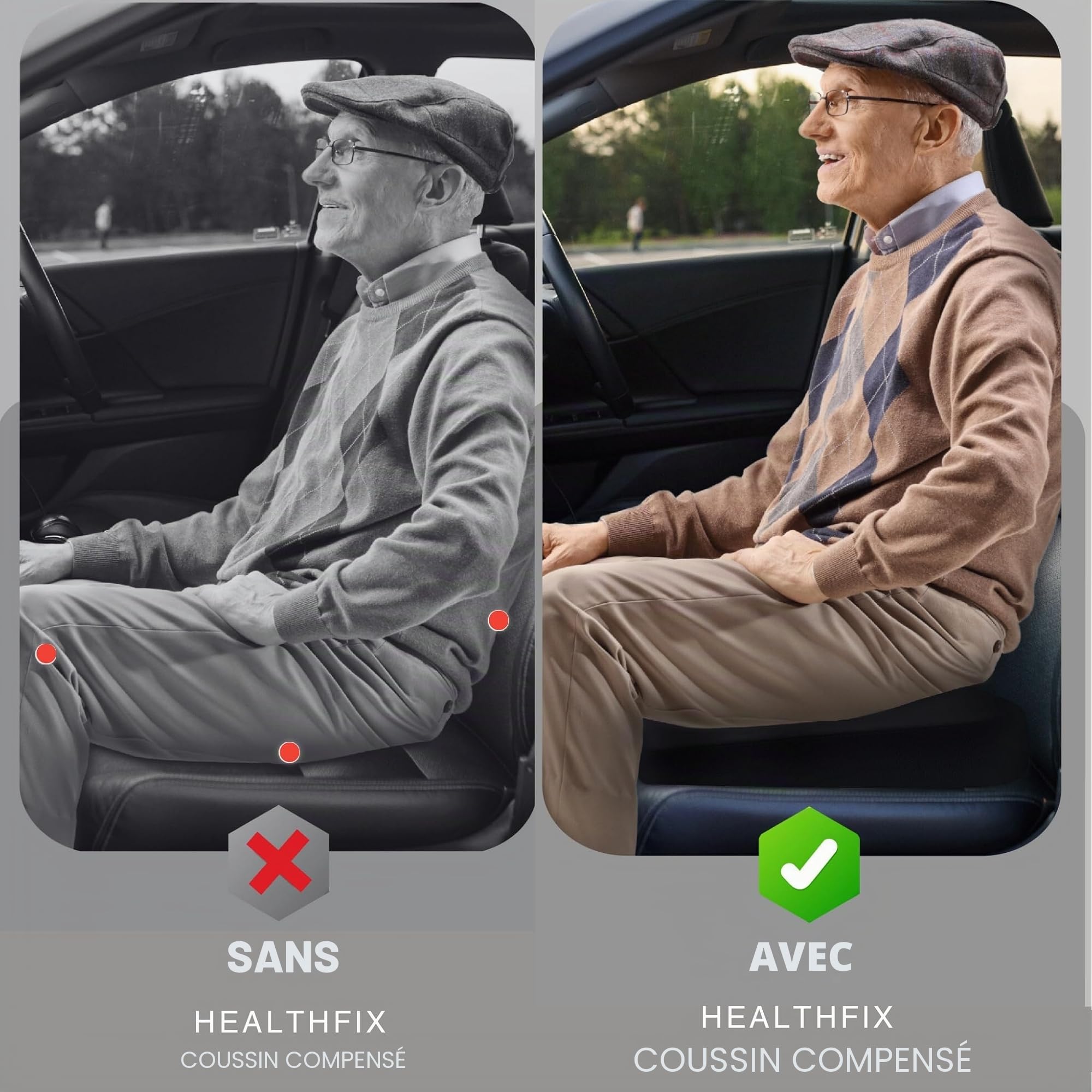 Healthfix® Coussin cale de voiture - Coussin de siège orthopédique ergonomique antidérapant et lavable - Mousse à mémoire de forme - Dureté - Doux (45-70 kg)