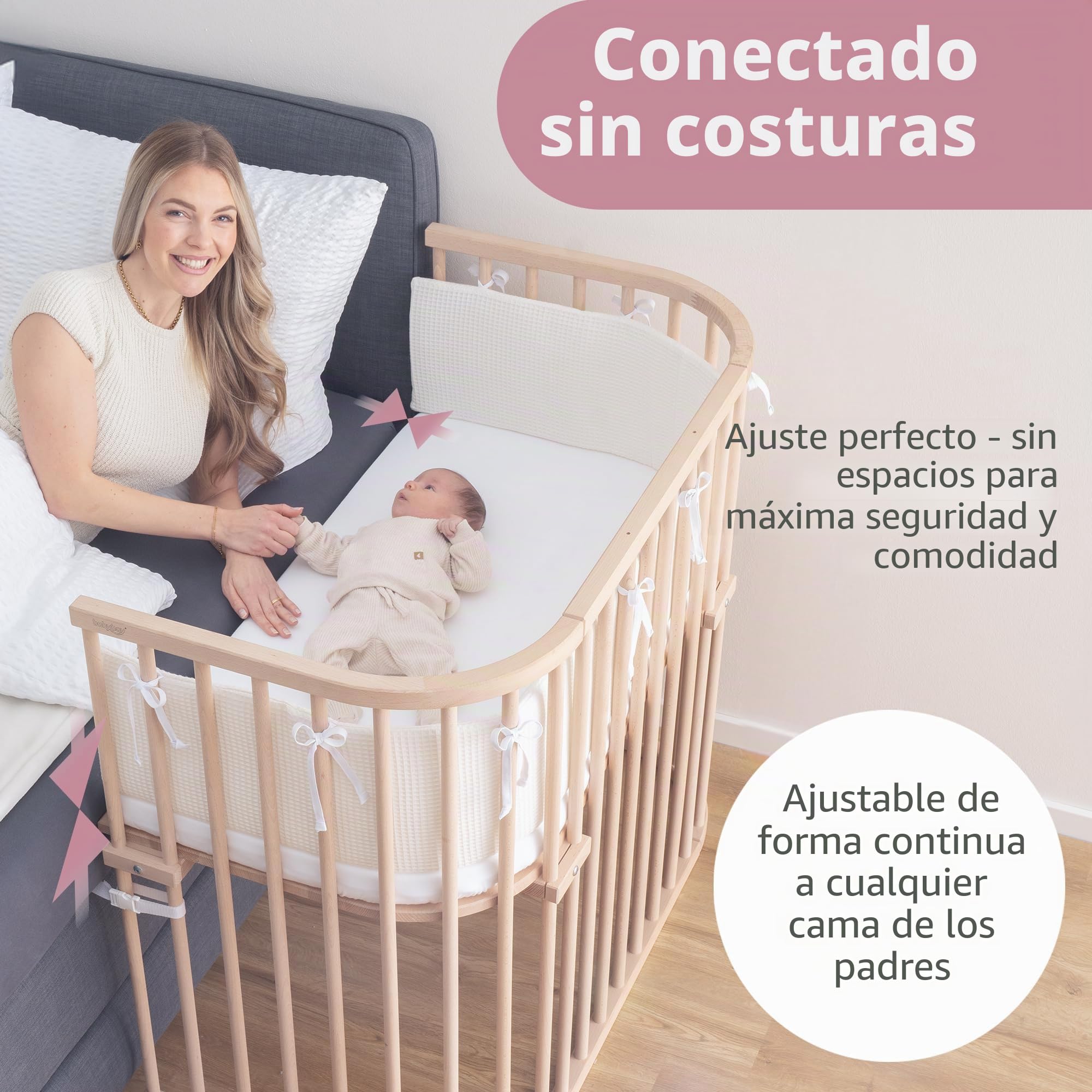 babybay Boxspring XXL - Cuna auxiliar de madera de haya maciza/cama infantil altura regulable y respetuosa con el medio ambiente/Cuna de bebé creciente (sin tratar)