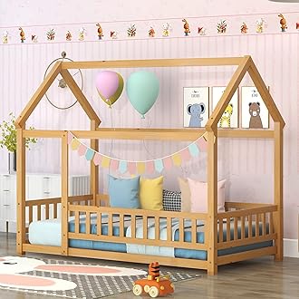 Bellemave Twin Size House Frame Wooden Montessori Floor Bed with Fence for Kids, Natural