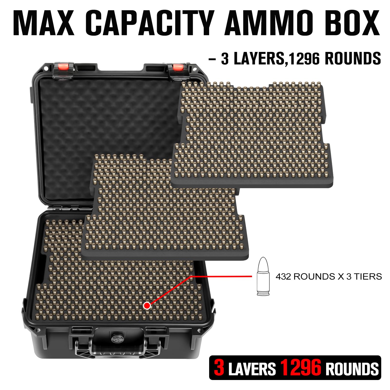 9mm Ammo Box Storage Case: Waterproof Ammo Case Organizer, Durable 2-Layer Ammunition Carrying Boxes for 9mm Luger, 9x19mm, .380ACP, .45, .22LR, .223, 5.56 Ammo Boxes for Can for Pistol Gun & Handgun