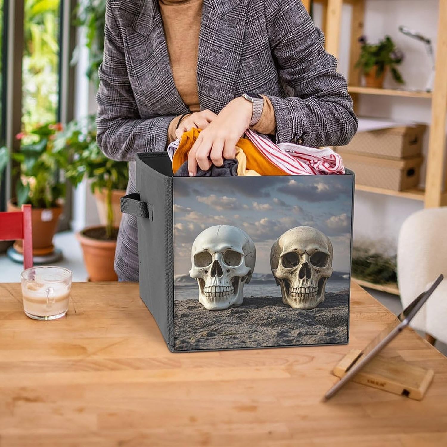 Folding Storage Bins Oxford Fabric Clothes Storage Boxes with Handles | Two Different Skulls Cube Organizer, Easy to Store, Multi Functional Cube Storage Organizer for Office Bedroom