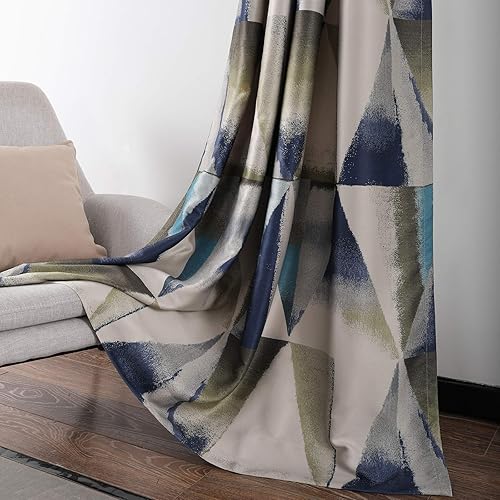 Leeva Cortinas pesadas para patio y oficina, ojales en la parte superior, estampado geométrico azul vintage, para tratamiento de ventanas, cortina