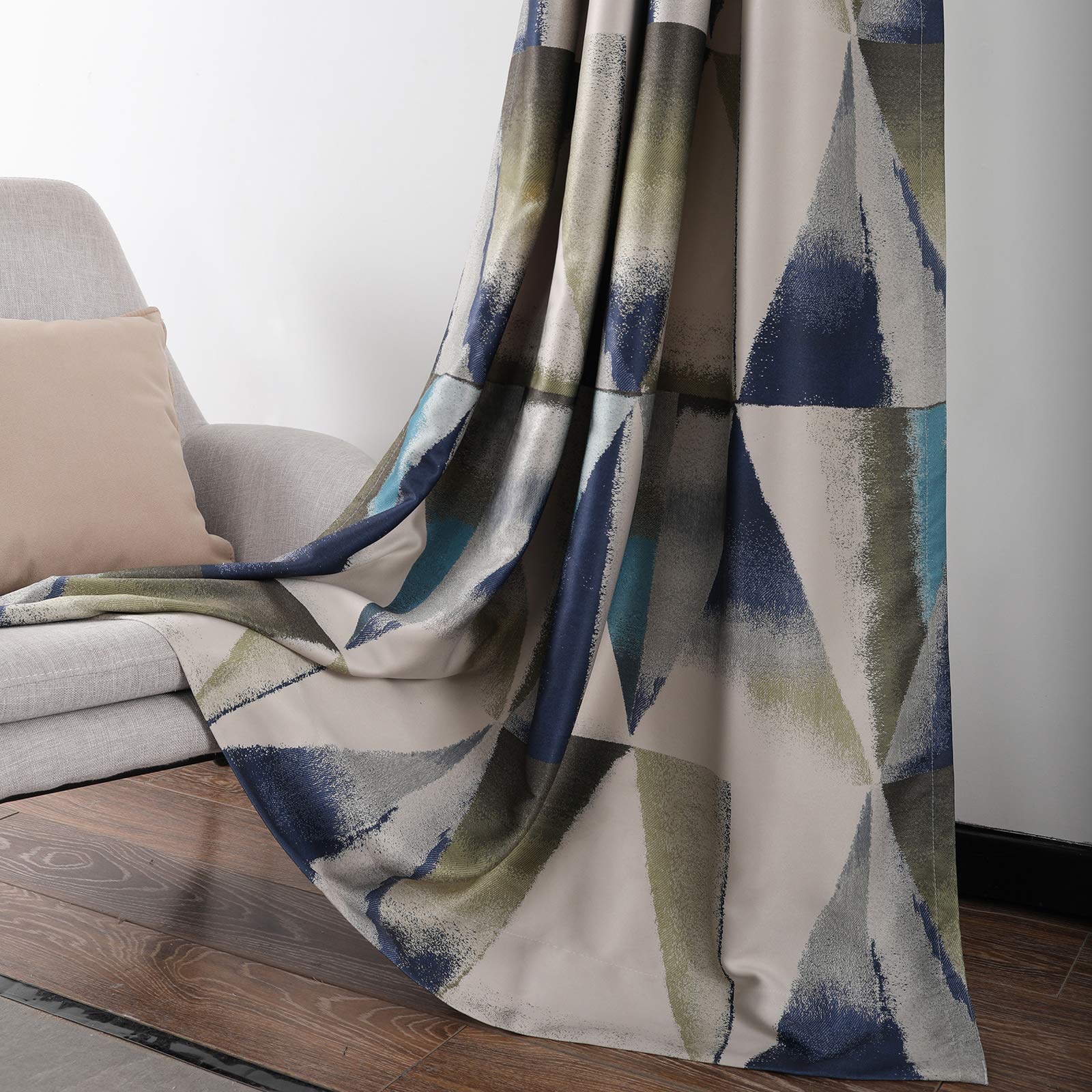 Leeva Heavy Curtains and Drapes for Patio and Office, Grommet Top Vintage Blue Geometric Print Windows Treatment Room Darkening Curtain for Bedroom, 2