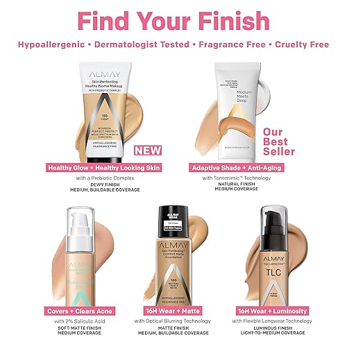 Miniatura 10 de Almay Skin Perfecting Healthy Biome Foundation Makeup con complejo prebiótico SPF 25, hipoalergénico, sin fragancia, 120 beige, 1 onza líquida.