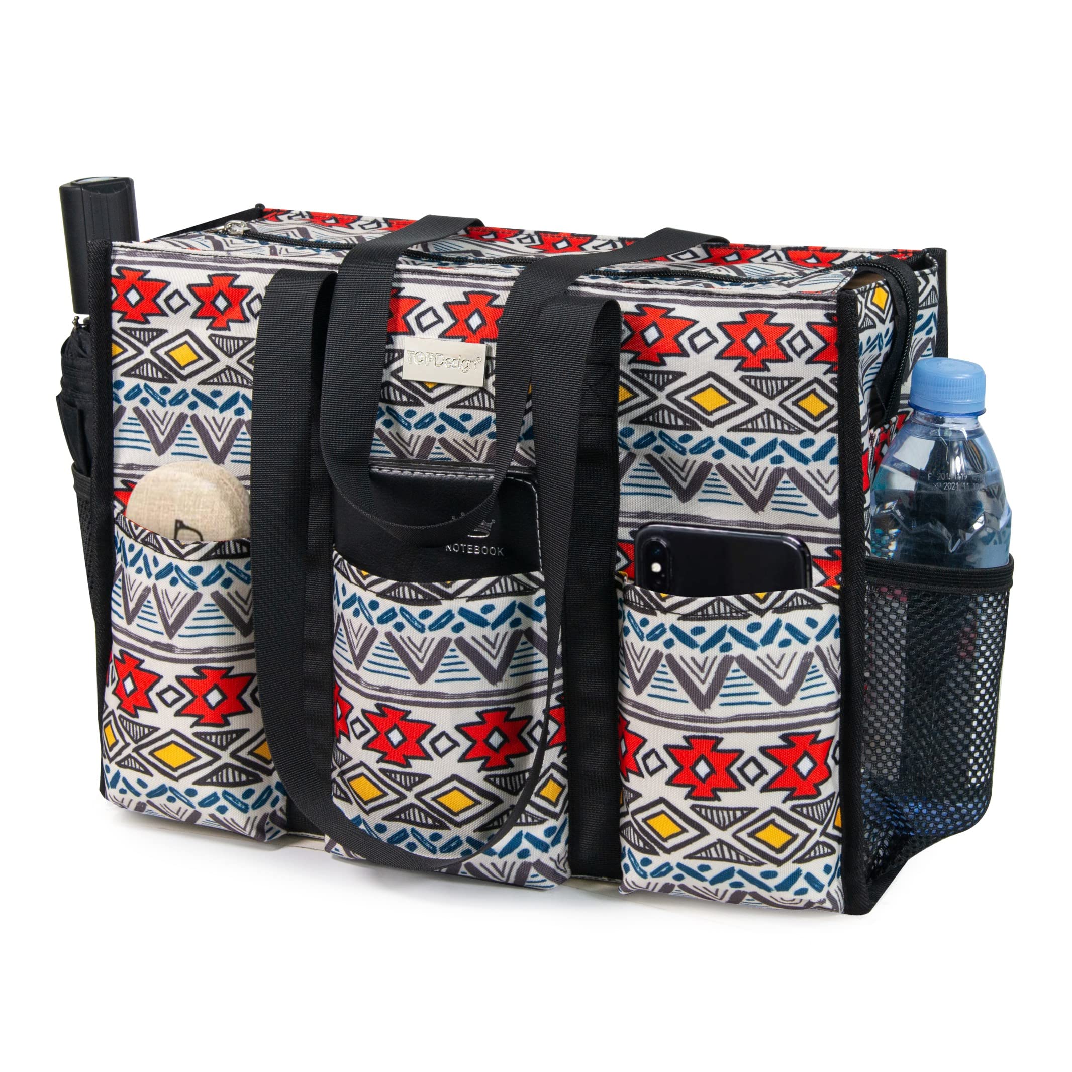 TOPDesign Utility Water Resistant Tote Bag with 13 Exterior & Interior Pockets, Top Zipper Closure & Thick Bottom Support, for Working Women, Teachers, Nurses, Accountants (Ethnic, Medium)