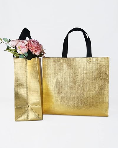 Miniatura 7 de FONXHEE Paquete de 12 bolsas de regalo doradas con asas, bolsas de regalo reutilizables, bolsas de regalo brillantes, bolsas de regalo metálicas no