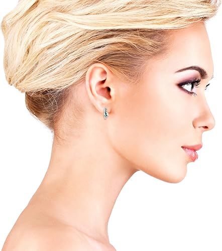 Miniatura 3 de Aretes de oro blanco de 14 quilates con piedra preciosa y diamantes auténticos redondos de aguamarina azul para mujer, piedra natal de marzo, Metal