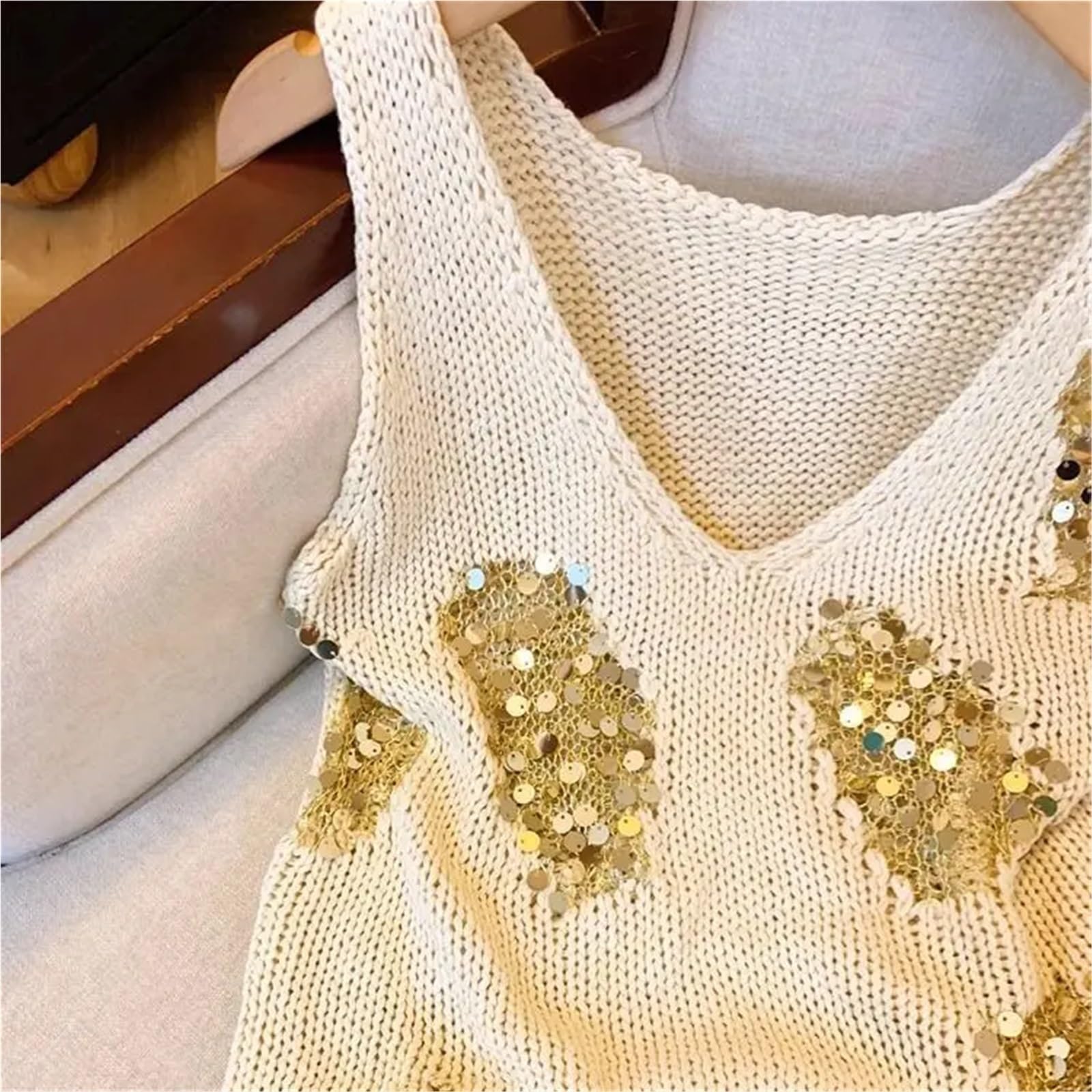 Top con Paillettes Top Senza Maniche da Donna in Maglia con Scollo a V e Paillettes