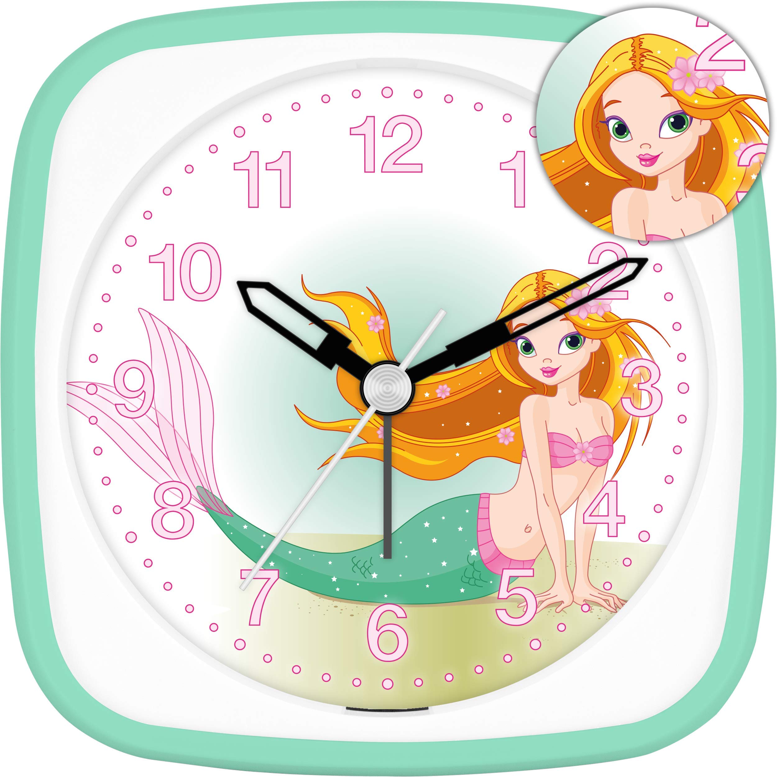 Eurotime Meerjungfrau Wecker Für Mädchen - Quartz Wecker Mit Crescendo Alarm Mint/weiß
