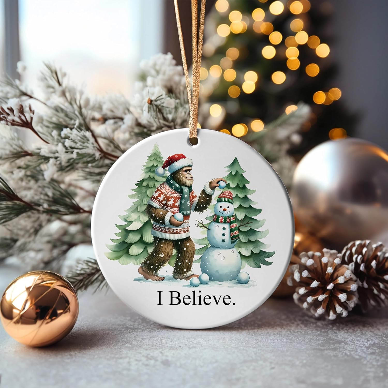 I Believe Bigfoot and Snowman Christmas Tree Ornament, 3 inches, White - Image 4