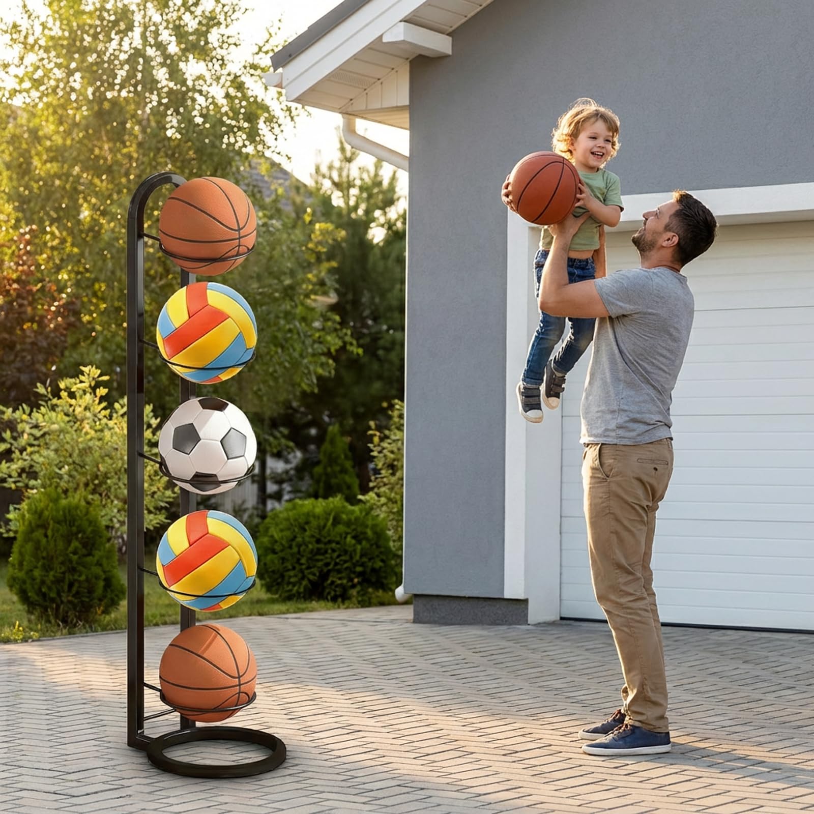5 Stufiger Ballständer, Ballregal Abnehmbare, Vertical Ball Aufbewahrung, Ballaufbewahrungsregal Ballhalter aus Metall, Ballregal Sportgeräte Organizer Stabil für Basketball Fußball Volleyball