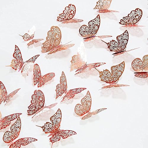 Calcomanías de pared de mariposa de oro rosa 3D, removibles, brillantes, metálicas, calcomanías de pared de mariposas de corazón, mariposa para