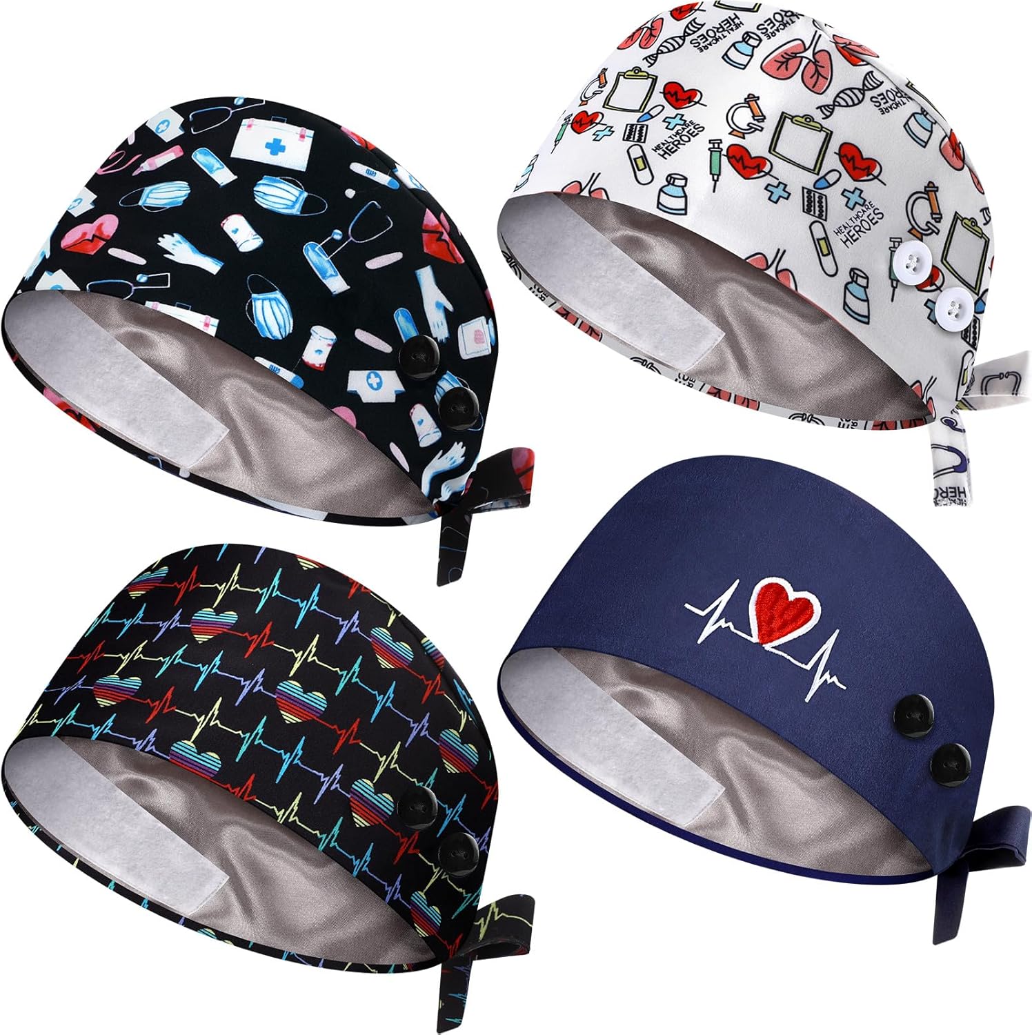 Unittype 4 Pcs Satin Lined Nurse Caps for Women Nursing Bouffant Working Caps with Button and Sweatband Adjustable Scrub Hats