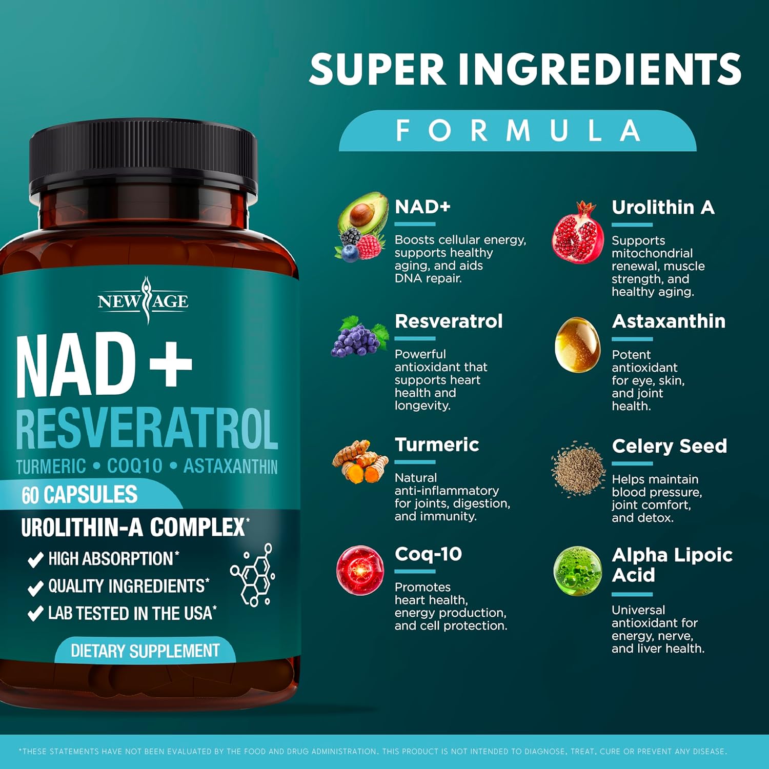 NAD+ Supplement Complex – NAD+ 300 mg with Astaxanthin, Urolithin A, Resveratrol, CoQ10 & Antioxidant Blend – Cellular Energy, Mitochondrial Support or Women & Men – Vegan, Non-GMO- 180 Count - Image 2
