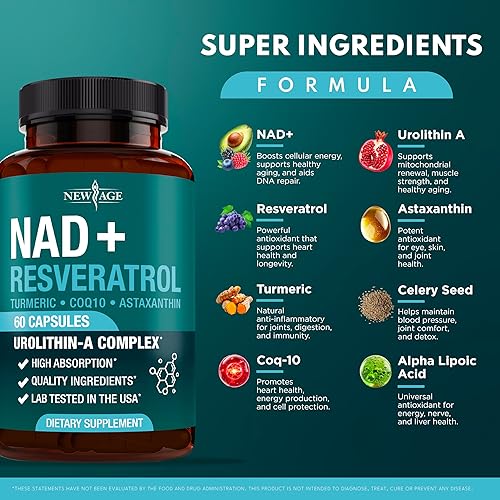 Miniatura 2 de Complejo de suplementos NAD+ - NAD+ 300 mg con astaxantina, urolitina A, resveratrol, CoQ10 y mezcla de antioxidantes - Energía celular, apoyo