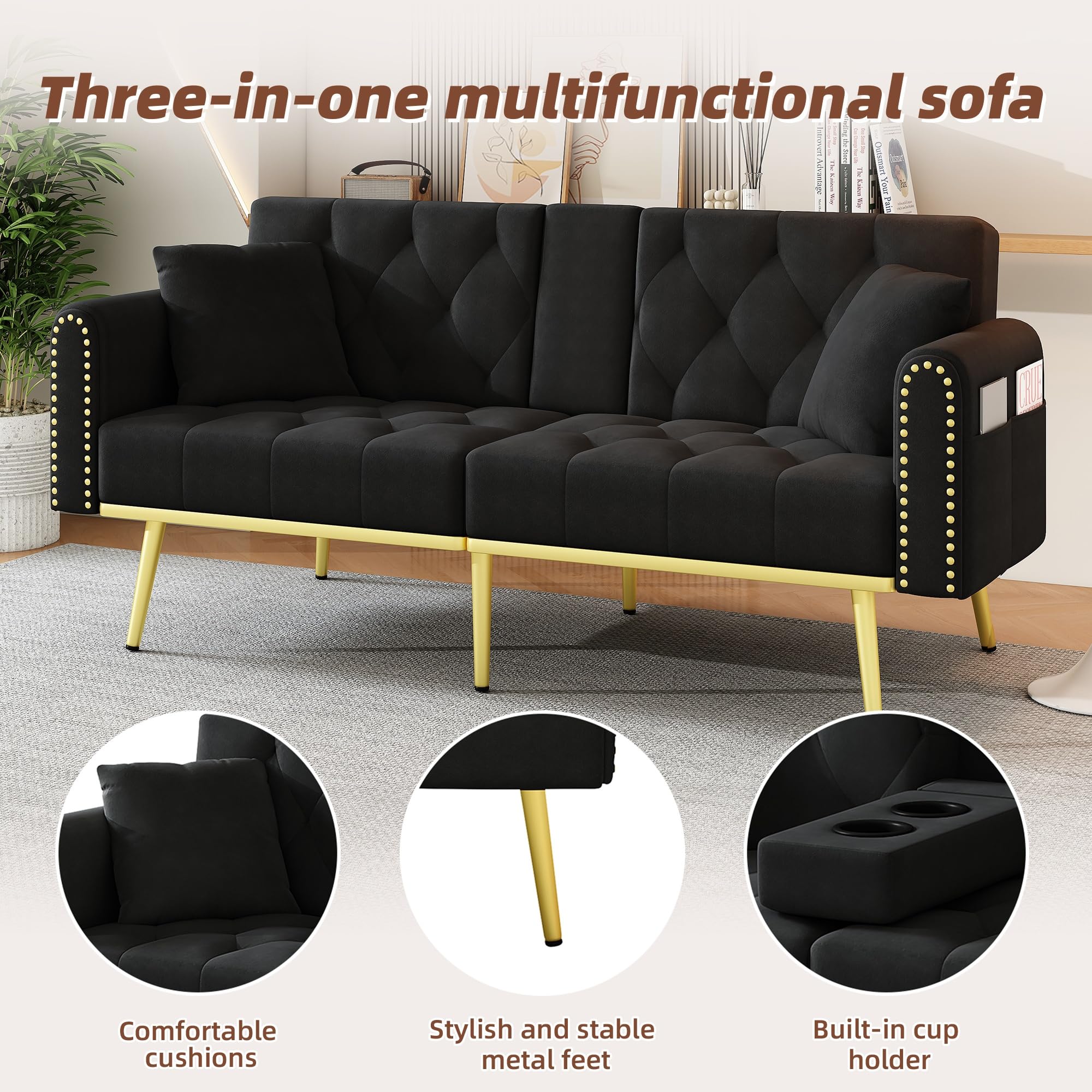 KOMHTOM Canapé Convertible avec Porte Gobelets et Poches Latérales, Canapé 2 Places 175x80 cm en Velours, Dossiers Réglables Séparément 3 Positions, 2 Coussins, Pieds Dorés, Salon (Noir)