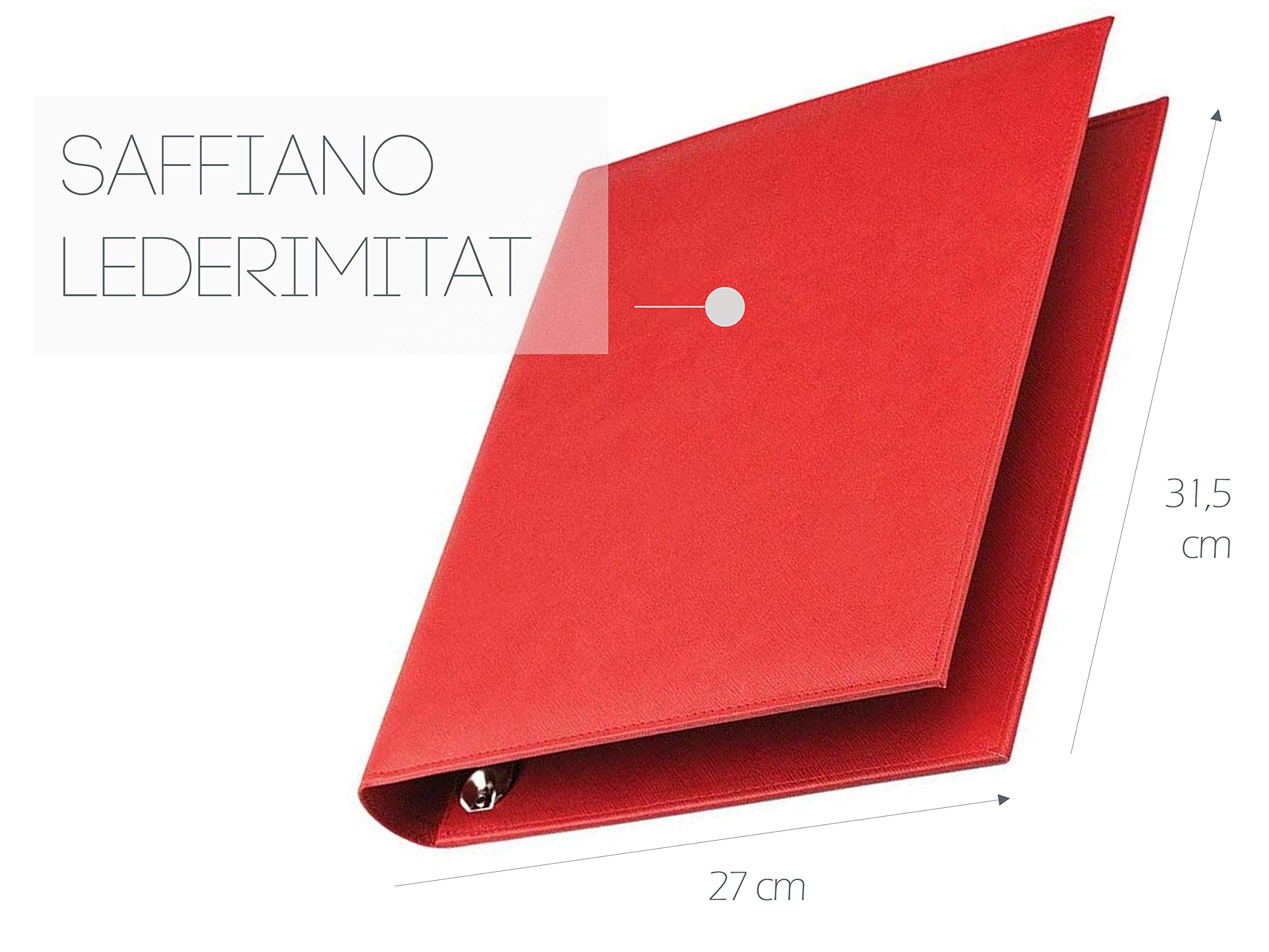 DELMON VARONE - Personalisierbare Dokumentenmappe DIN A4 aus Saffiano Lederimitat rot, Elegante Kunstleder Ringbuch Sammelmappe zum abheften von Dokumenten, Urkunden und Akten, Links mit Einsteckfach
