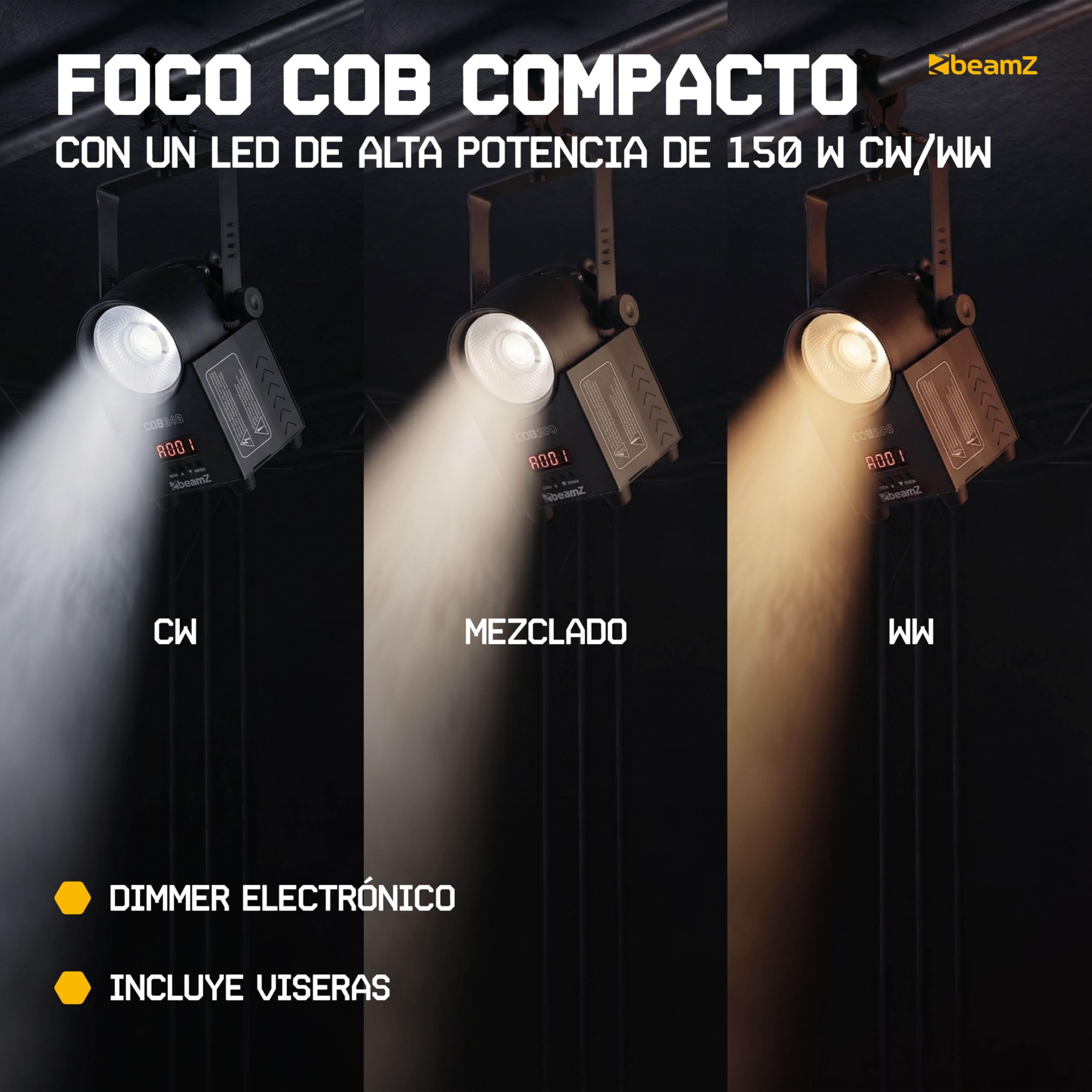 BeamZ COB040 Spot LED COB bicolor 40W DMX | Haz uniforme y suave, reproducción natural del color, regulación precisa, para teatro y estudio