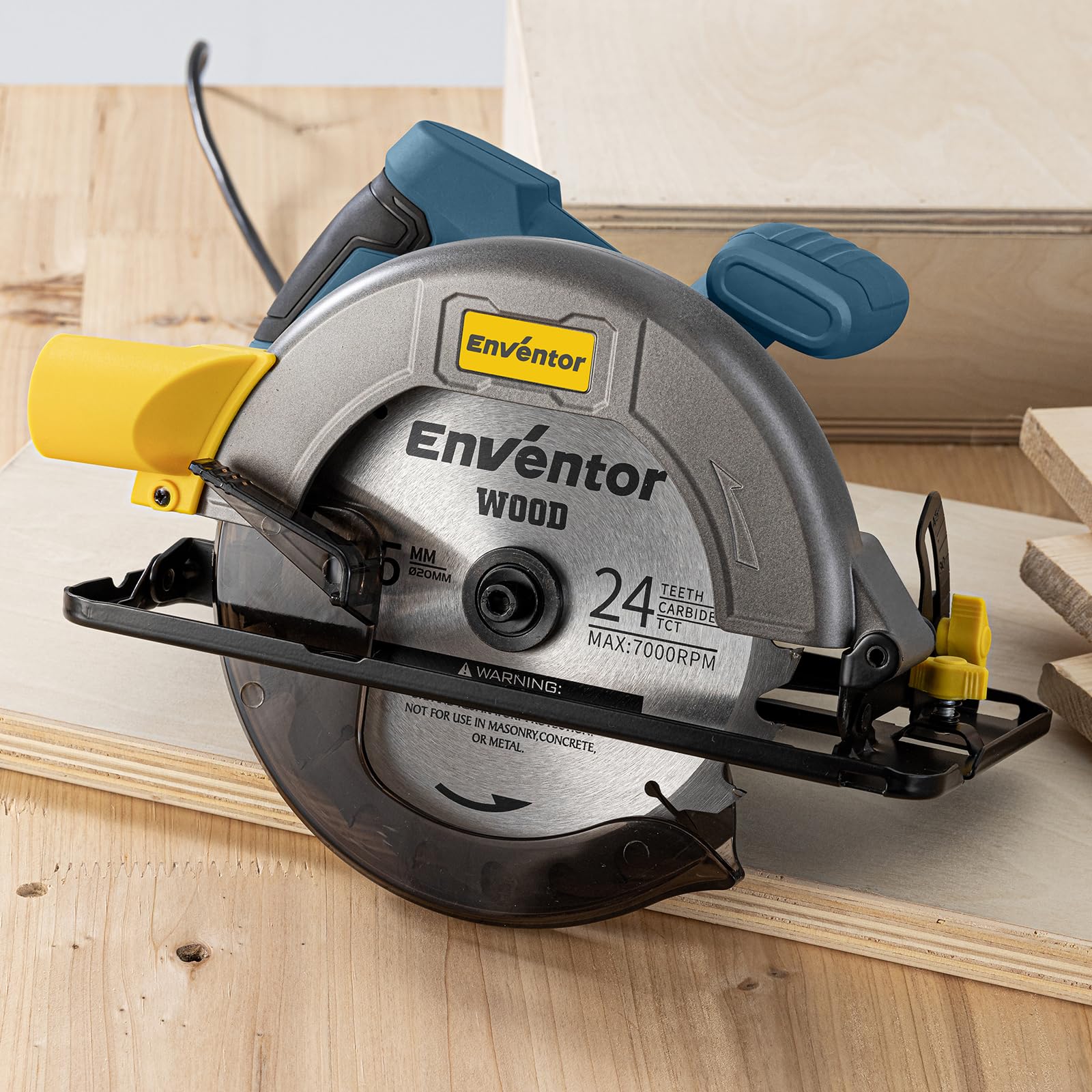 Enventor 1400W Sierra Circular, Hoja de Sierra 185mm(24T) | Sierra Circular de Mano 6000RPM, Profundidad de Corte 62mm(90°), 48mm(45°), Motor de Cobre Puro, Ideal para Cortar Madera