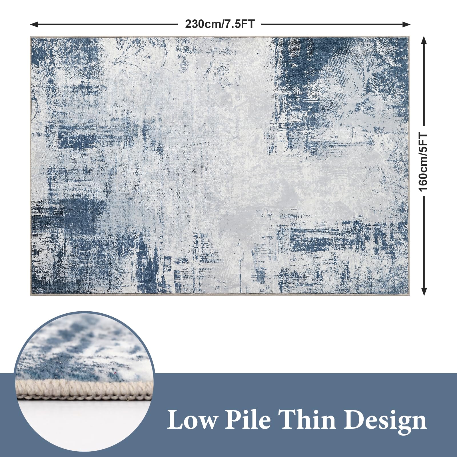 Grand tapis lavable à poils courts et doux - Lavable en machine - Pour bureau, chambre à coucher, salle à manger - 160 x 230 cm