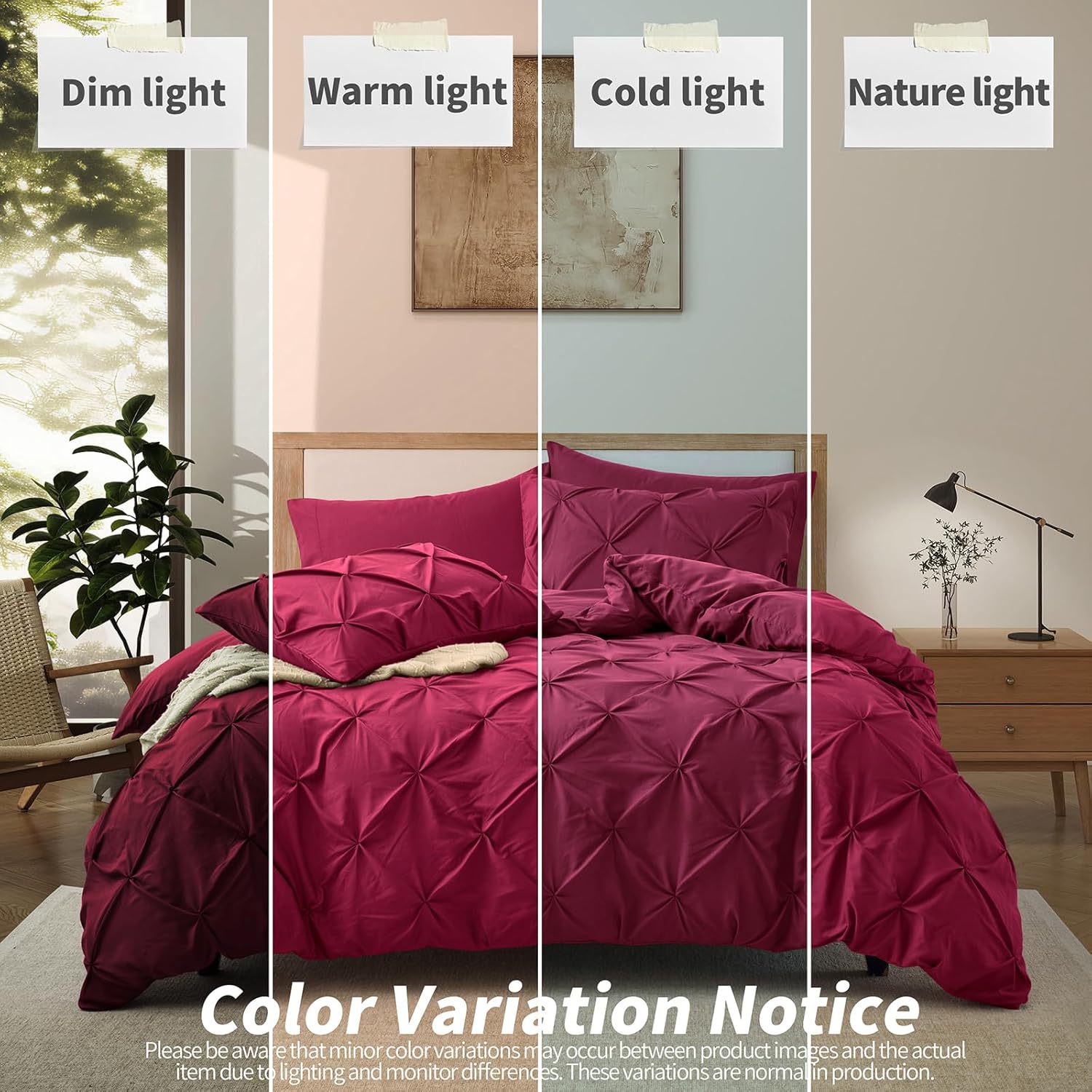 VACVELT 5 Piece Pinch Pleated Duvet Cover Full/Queen Size Set, Burgundy Pintuck Duvet Cover with Zipper & 8 Ties, Shabby Chic Microfiber Duvet Cover + 2 Pillow Shams + 2 Pillowcases, No Comforter