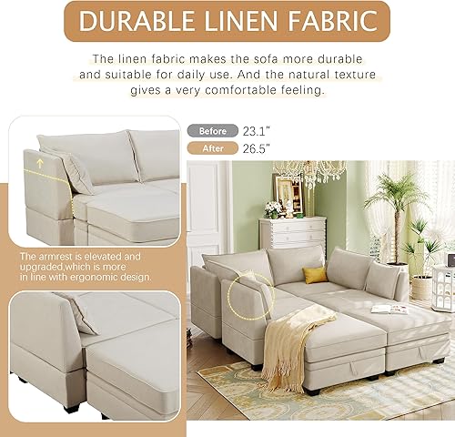 Miniatura 5 de P PURLOVE Sofá seccional, sofá modular grande, sofá convertible con diván reversible para sala de estar con patas de plástico (beige)