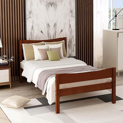 SIYSNKSI Cama moderna de plataforma de madera de tamaño individual con cabecera y estribo base de cama de plataforma de madera de pino maciza con