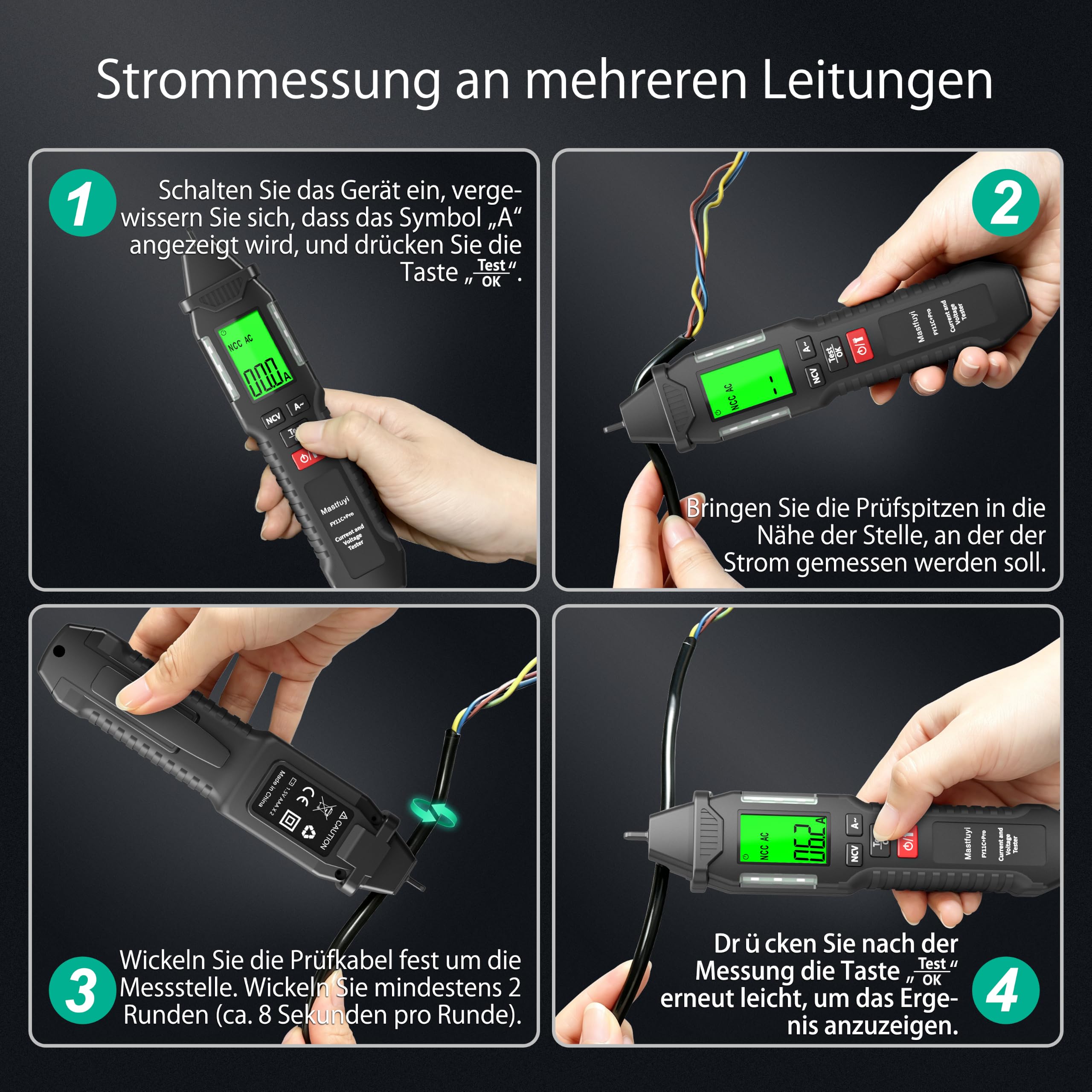 NCV Spannungsprüfer Berührungslos 12/70V - 1000V mit Taschenlampe | Messung des Stromwerts für mehradrige Leitungen, Mit Bruchpunkterkennung und Prozentanzeige, LED-Taschenlampe