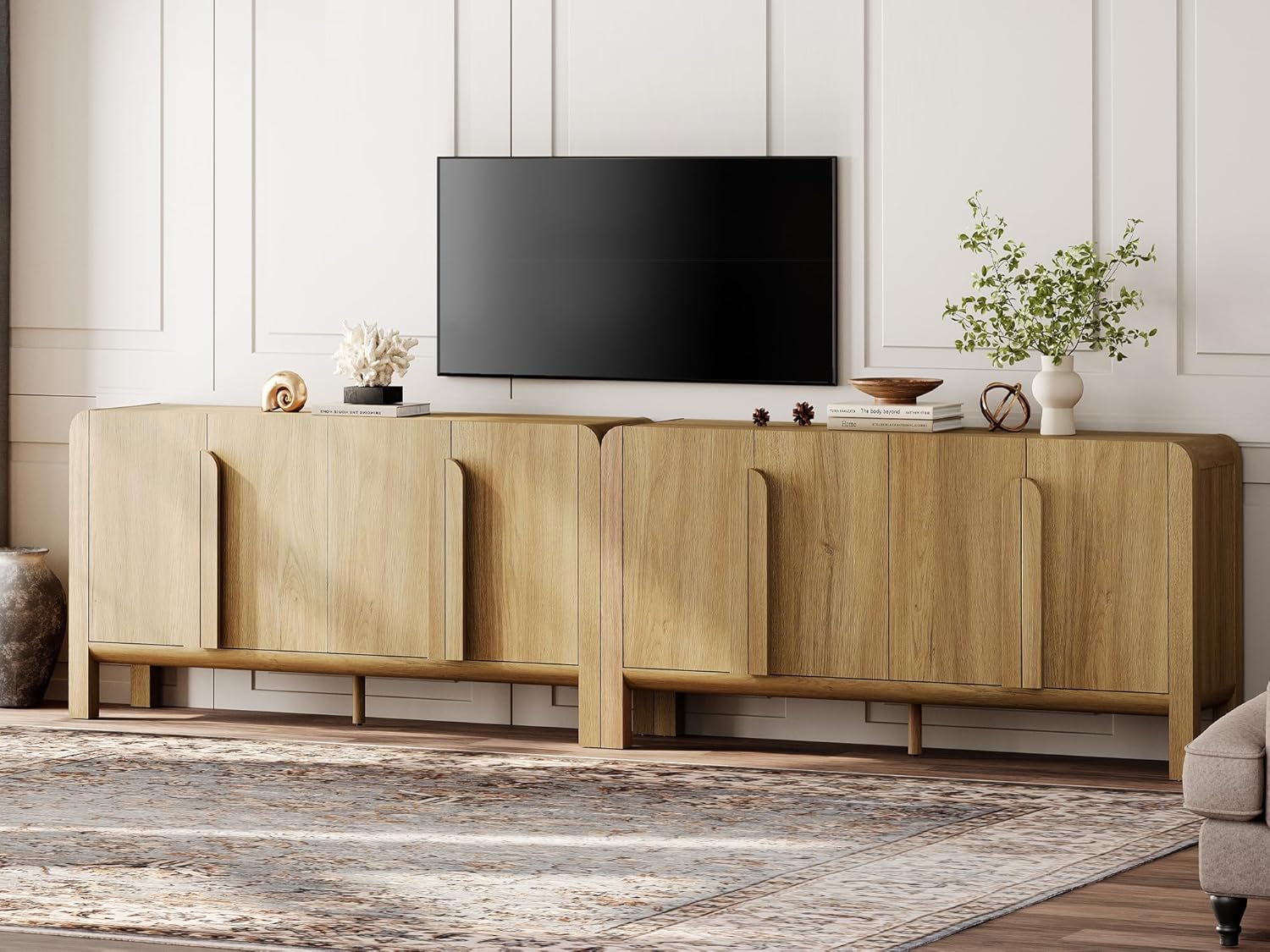 WAMPAT Modern TV Stand for TVs Up to 120 inches,126" W Farmhouse Entertainment Center with Adjustable Shelf and 4 Doors, Media Console Table TV Cabinet for Living Room, Light Walnut